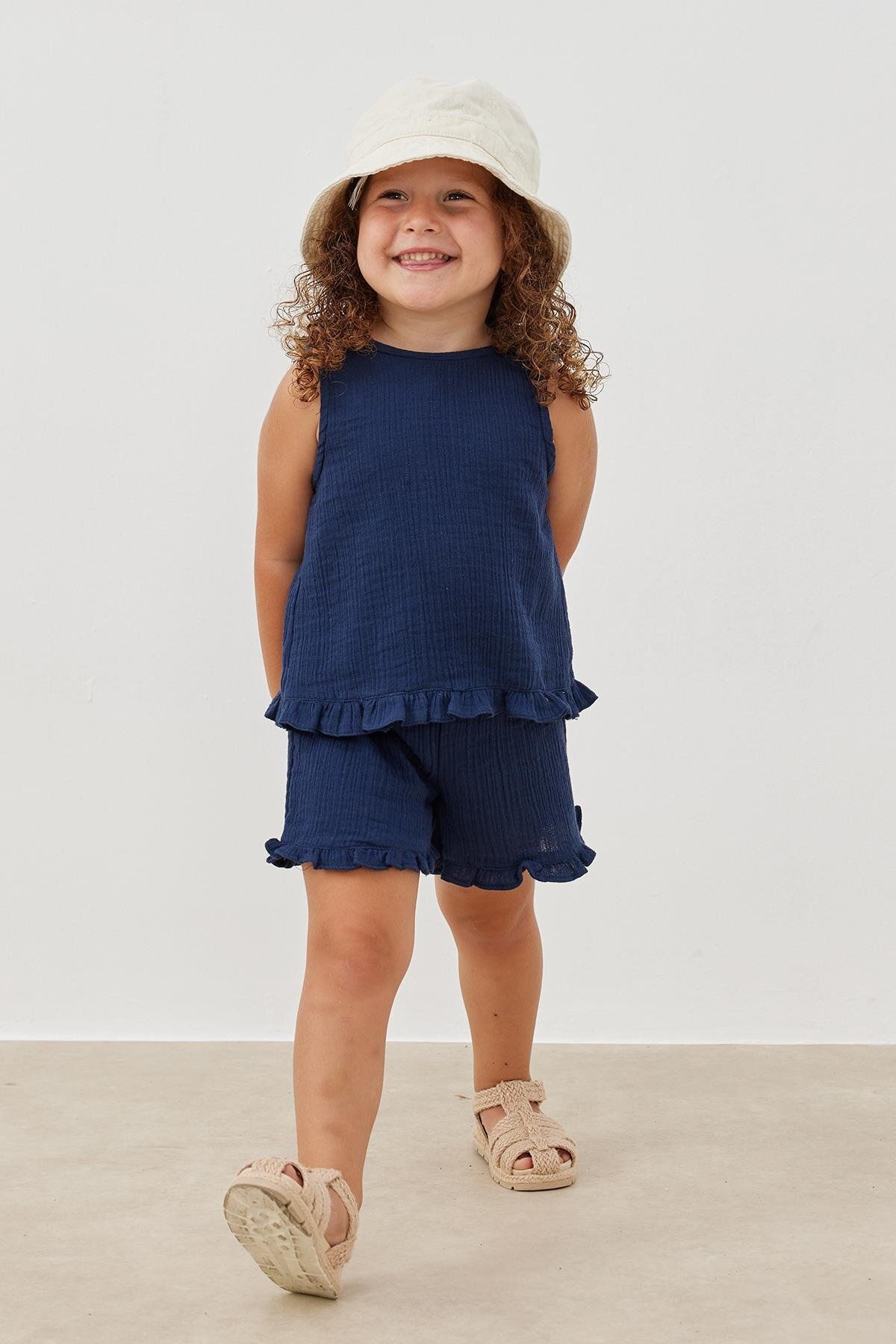 Tics-Navy Blue Muslin Set - Frilly 3