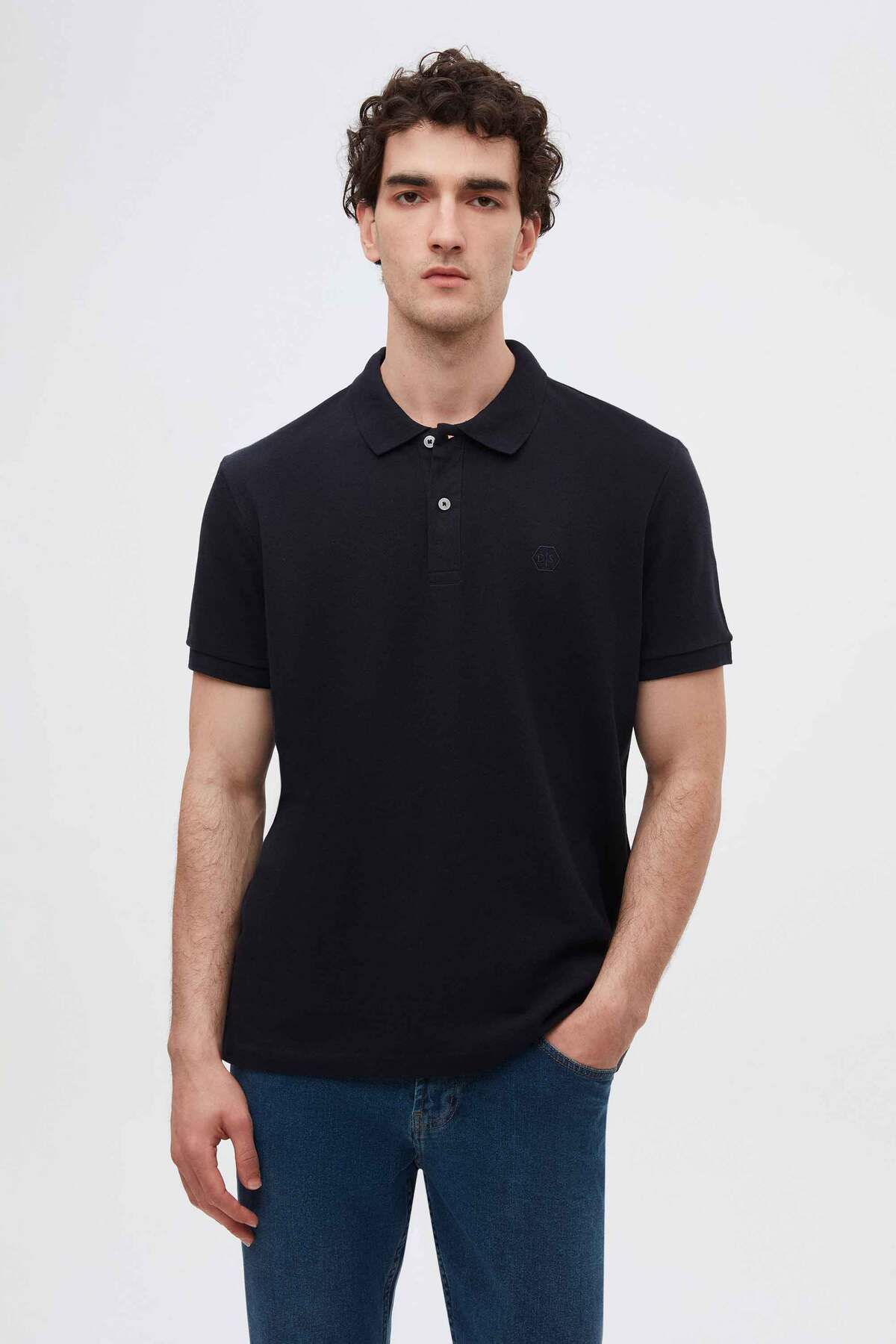 D'S Damat Regular Fit Lacivert Pike Dokulu %100 Pamuk Kıvrılmaz Polo Yaka Nakışlı T-shirt