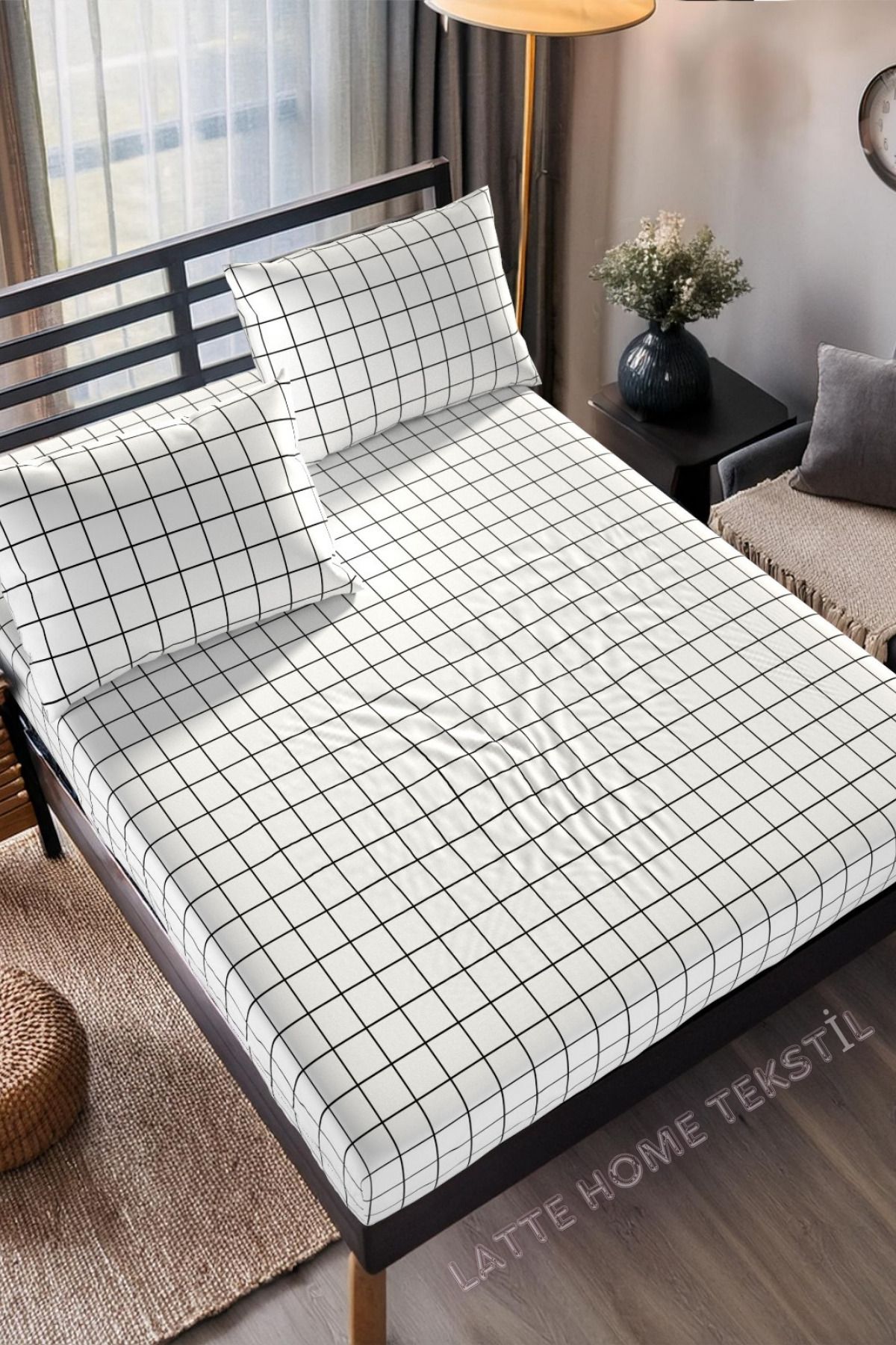 LATTE TEKSTİL-Mocha White Plaid Patterned Cotton Ranforce Fabric Elastic Sheet Set (Single-Double-King Size) 3