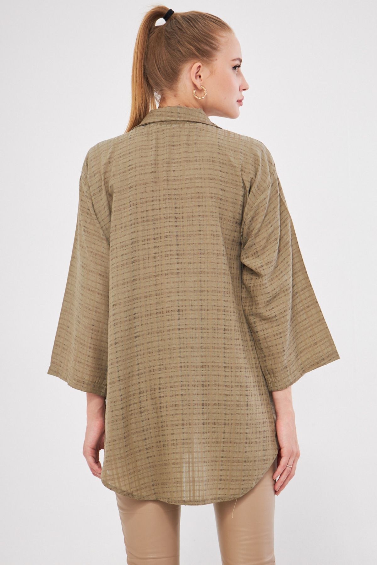 armonika-Khaki Color Kimono Shirt - Collared and Front Lace-Up, Arm-25K 001006 6