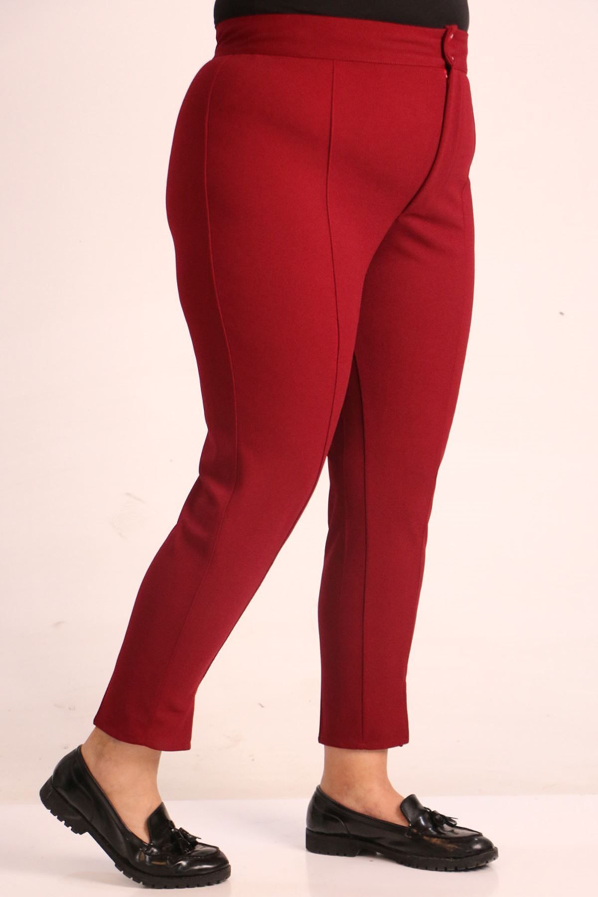 Eslina-39045 Pantaloni de scuba mărime mare - cu fantă în față, picior îngust, roșu claret 4