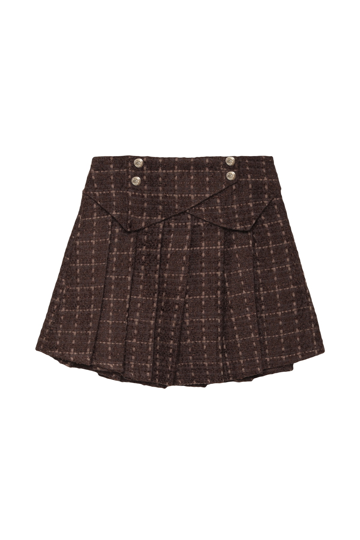 Quzu-Brown Pleated Mini Skirt - with Button Accessory 2