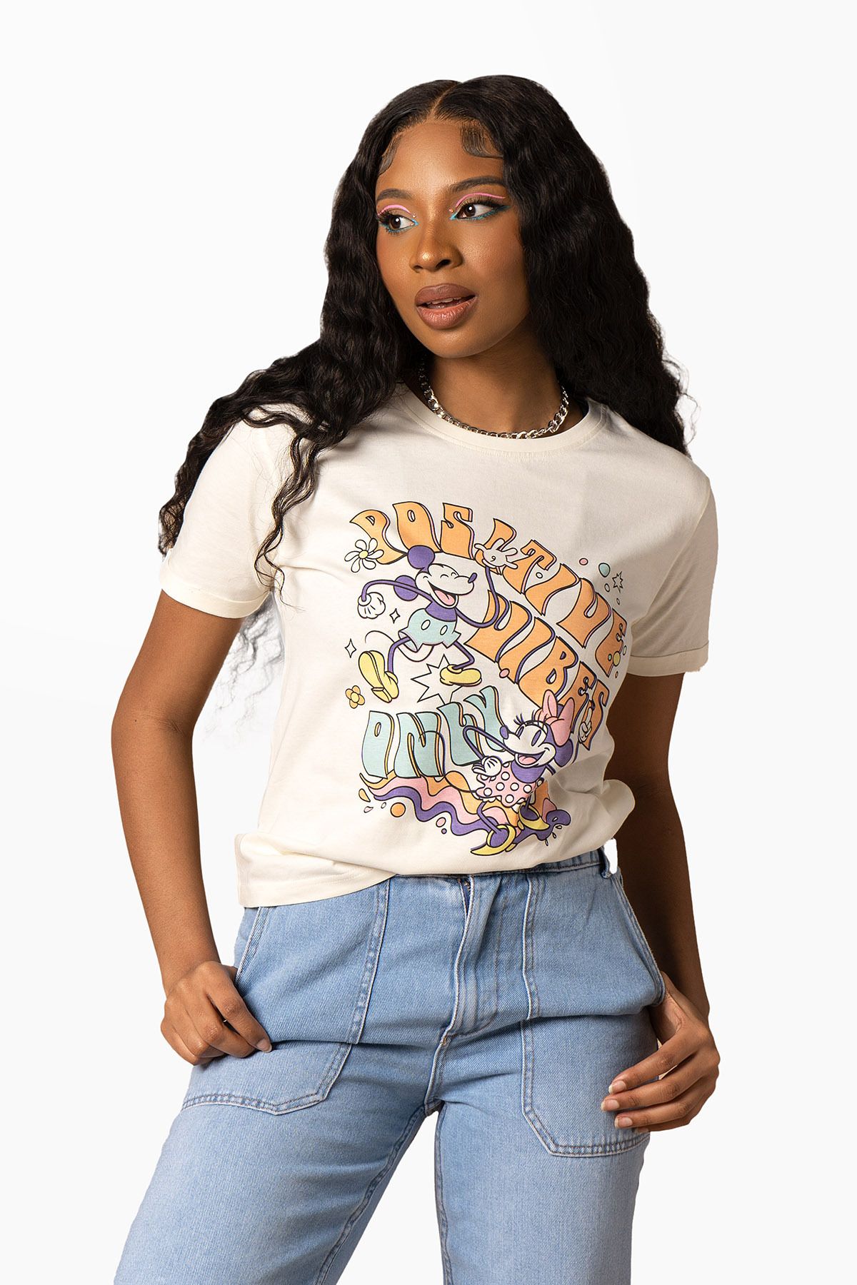 Disney-Mickey and Minnie Positive Vibes Only Print Relaxed Fit T-Shirt 4