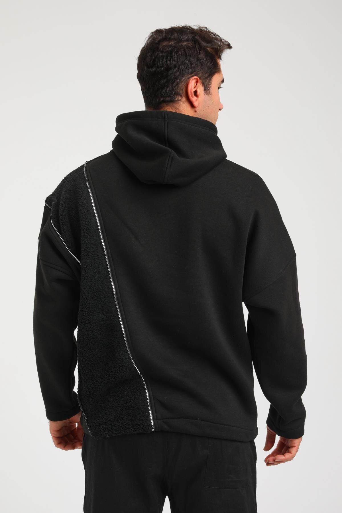 Rocqerx-R-5749 Hooded Plush Garni Zipper Detailed Three String Ribbed Sweat 5