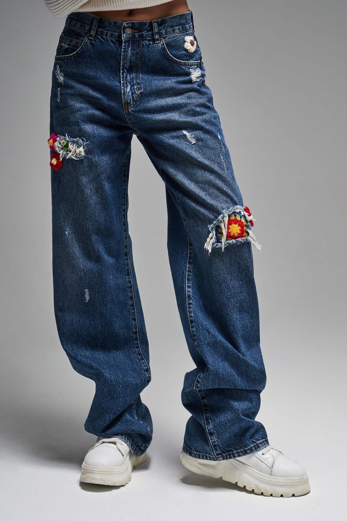 its basic-Denim de damă, de culoare denim, cu model de trandafiri etnici 5