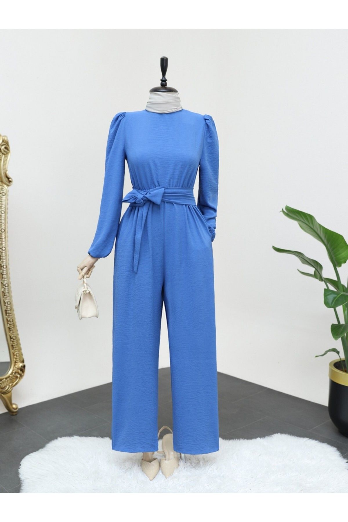 Modamorfo-Elastic Waist Jumpsuit with Stand Collar and Belted 2