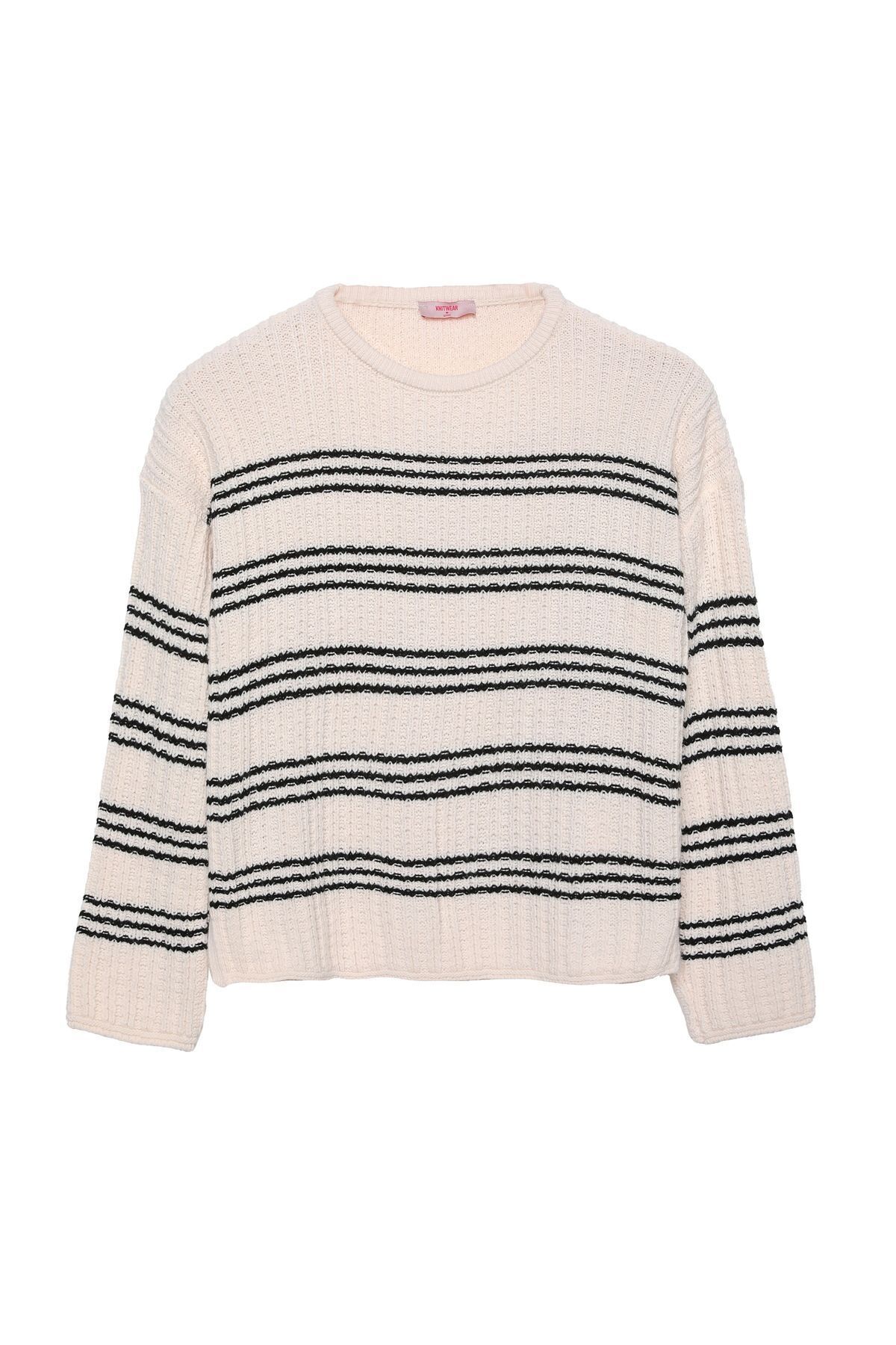 Quzu-Cream Colored Striped Long Sleeve Knitwear - Knitted Detail 2