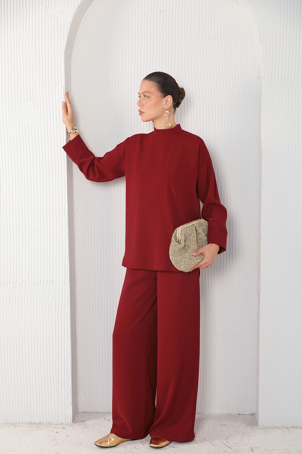 Melike Tatar-Claret Red Crepe Loose Trousers 32-2235 2