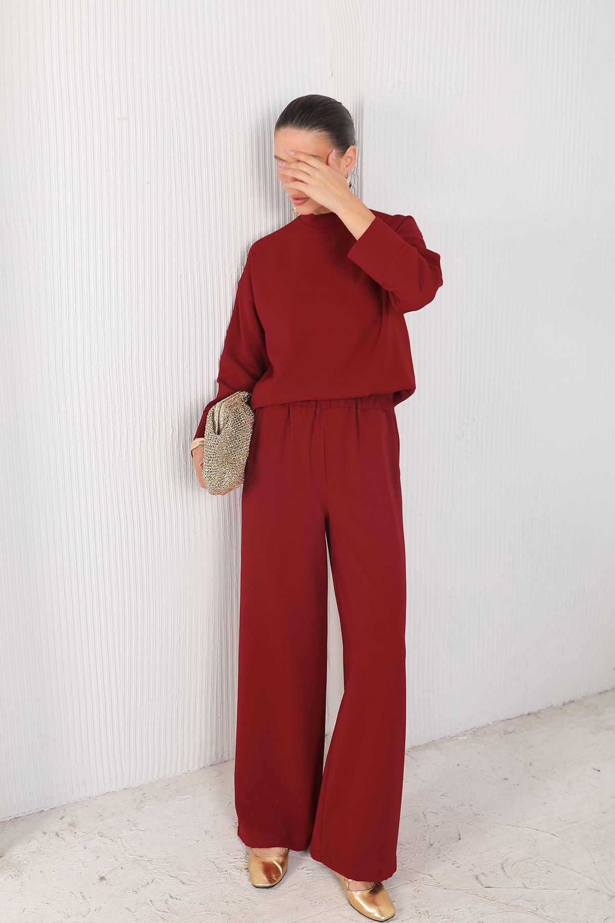 Melike Tatar-Claret Red Crepe Loose Trousers 32-2235 3