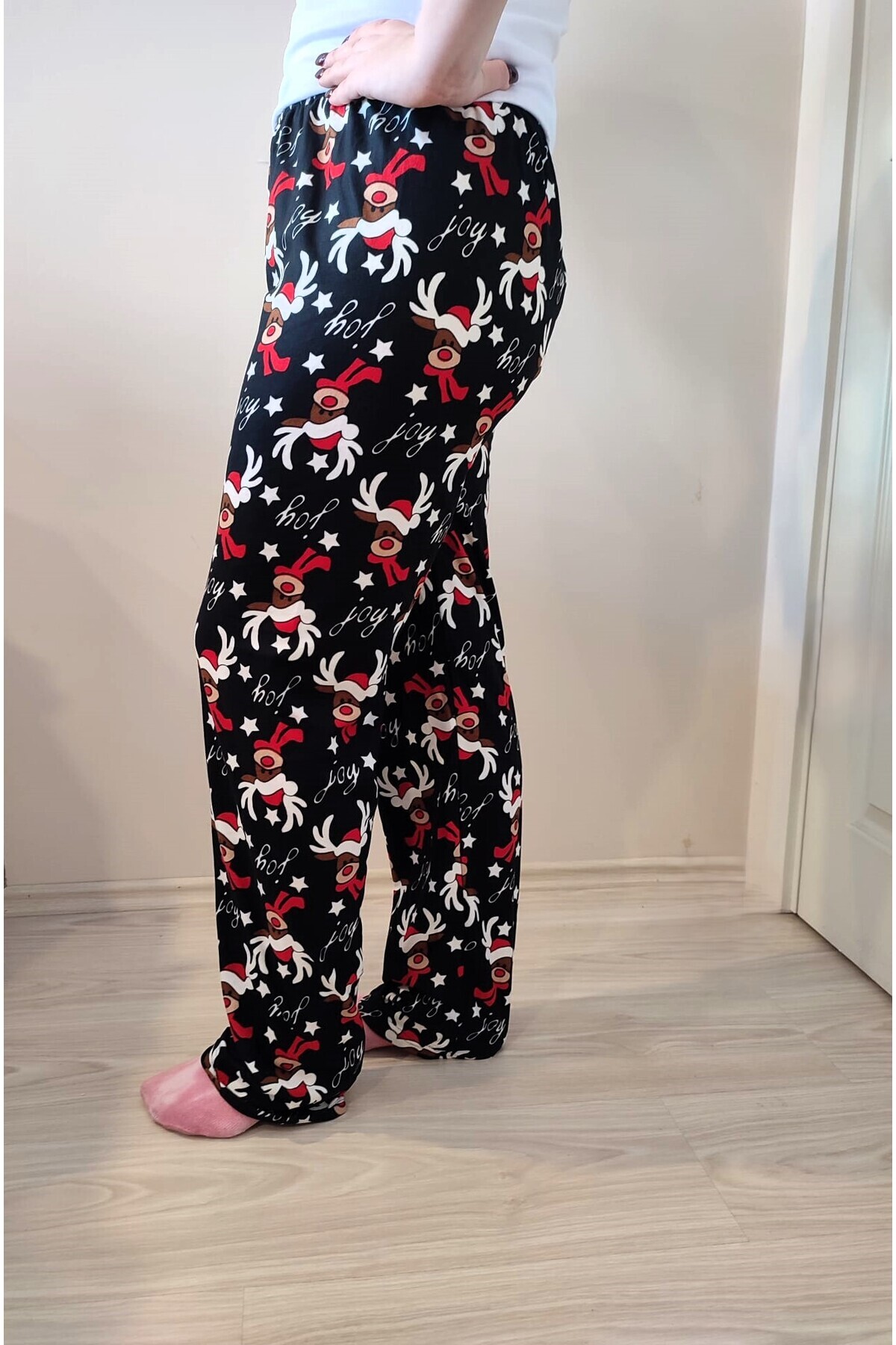 enmodaiçgiyim-Pantaloni de pijama pentru femei din piele intoarsa cu model de cerb negru 8