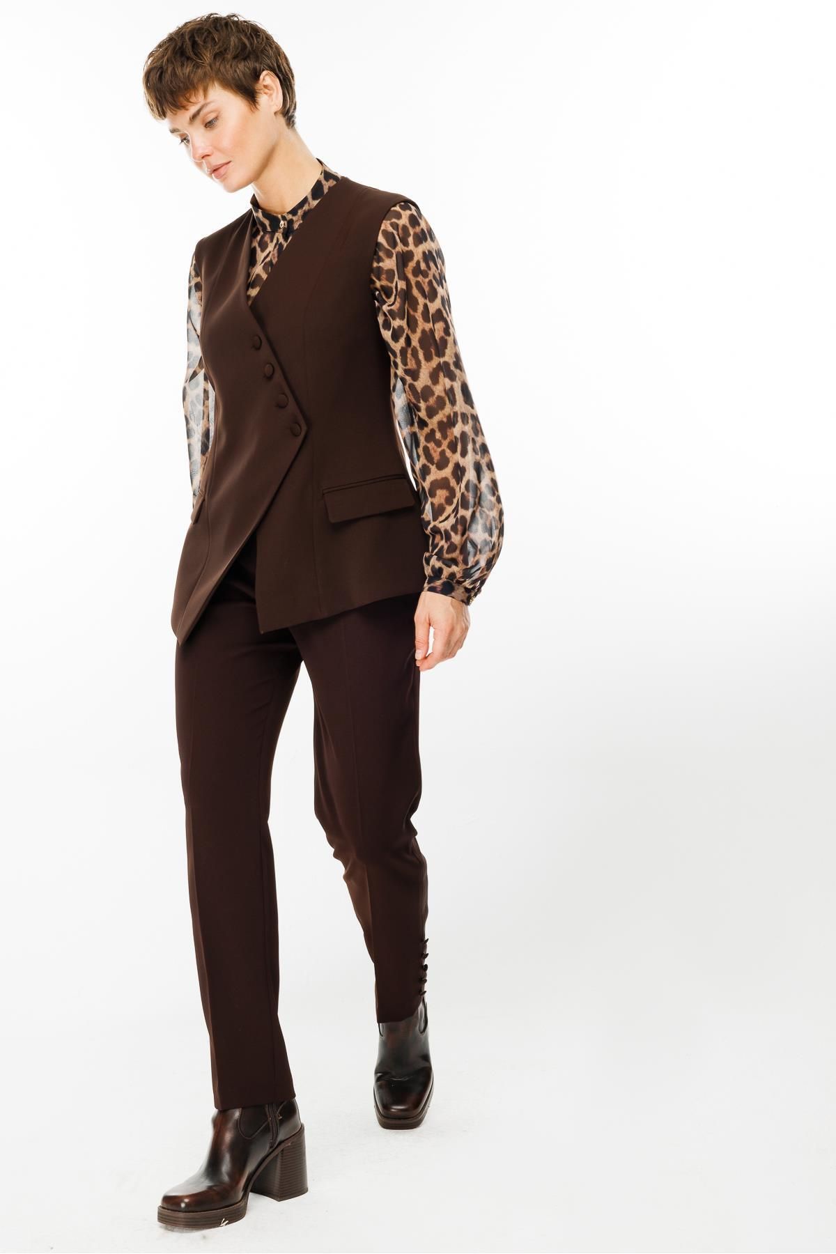 Moda İlgi-Modailgi Double Breasted Closure Button Detailed Long Vest Brown 6