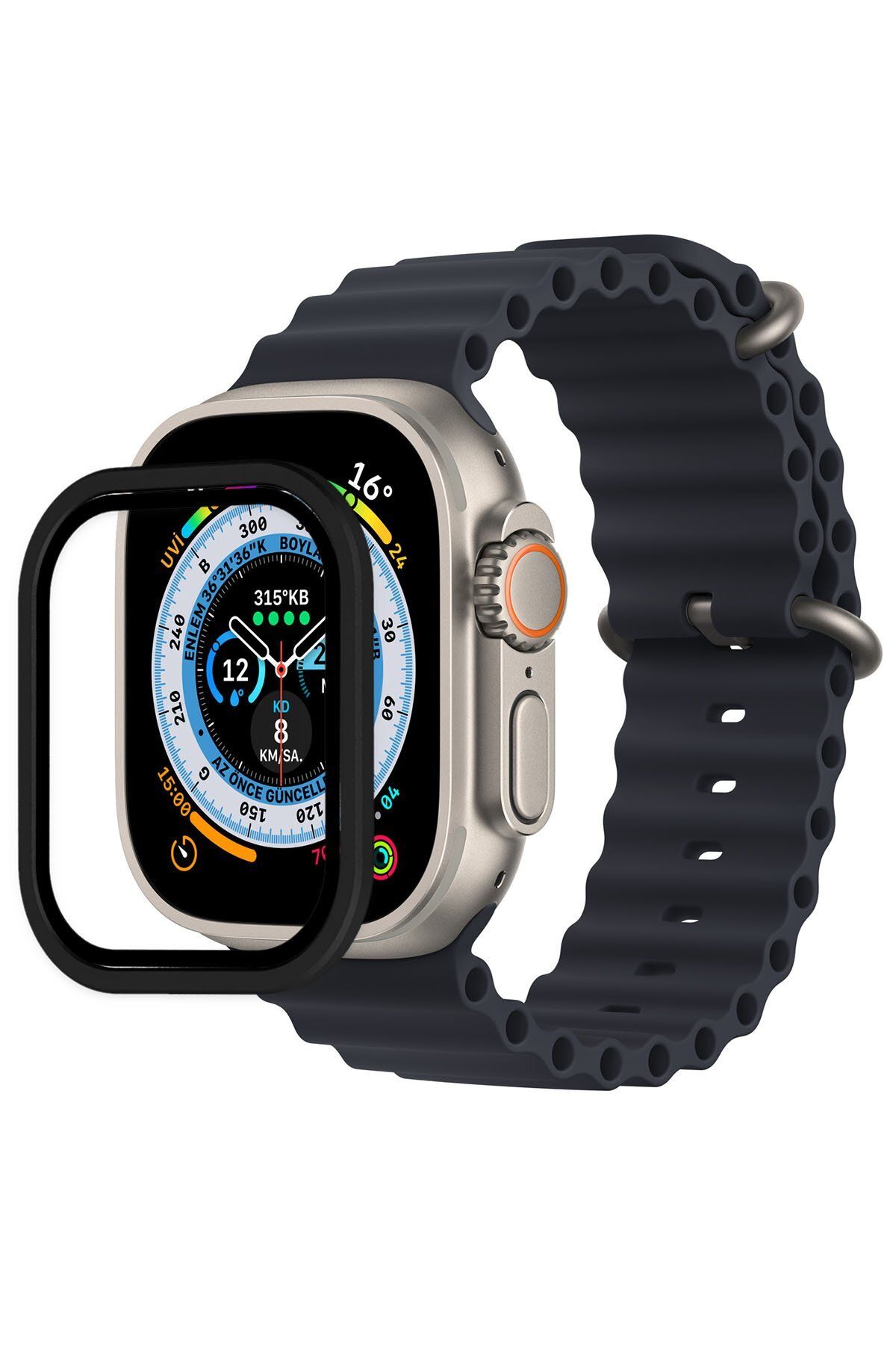 NewFace Apple Watch Ultra 49mm Alüminyum Kasa Cam Ekran Koruyucu - Siyah GLSTD