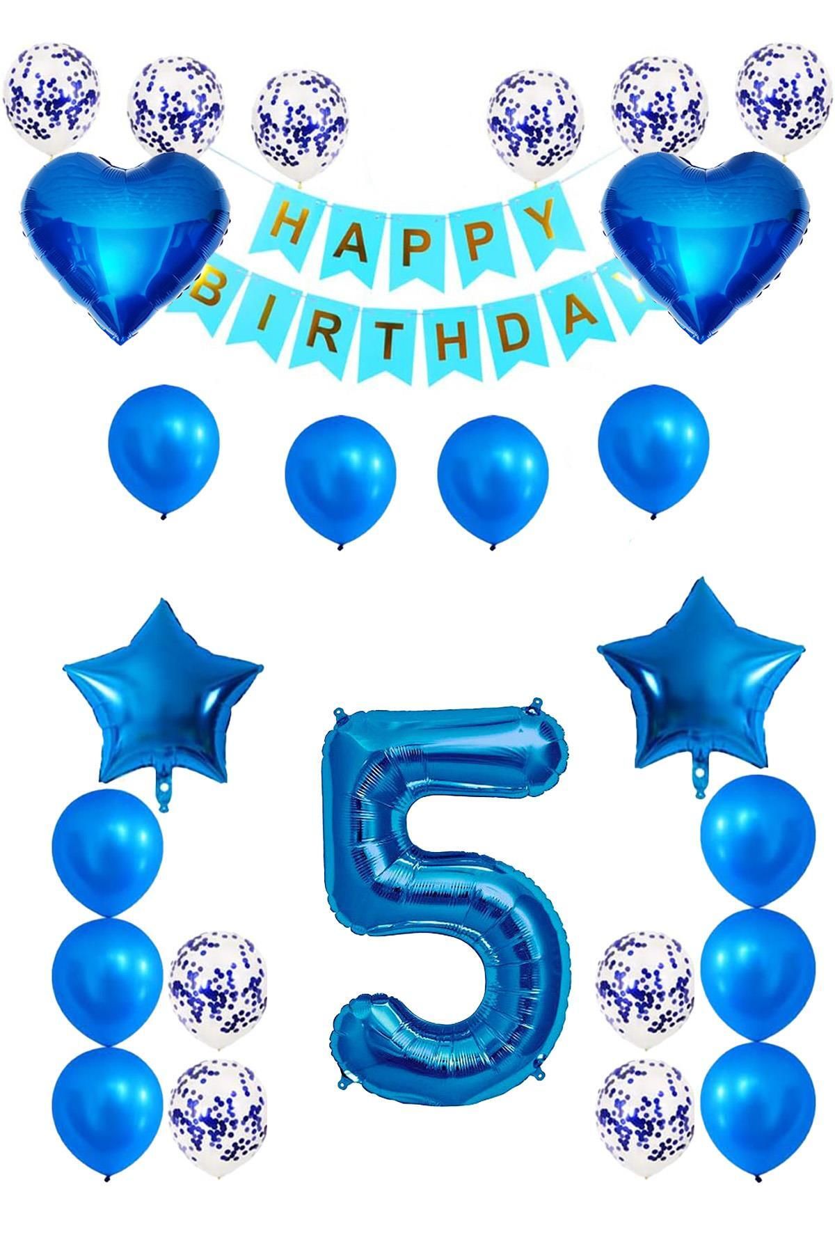 Patladı Gitti-5 Years Old Blue Concept Birthday Set; Heart Star Foil Balloon Set 1