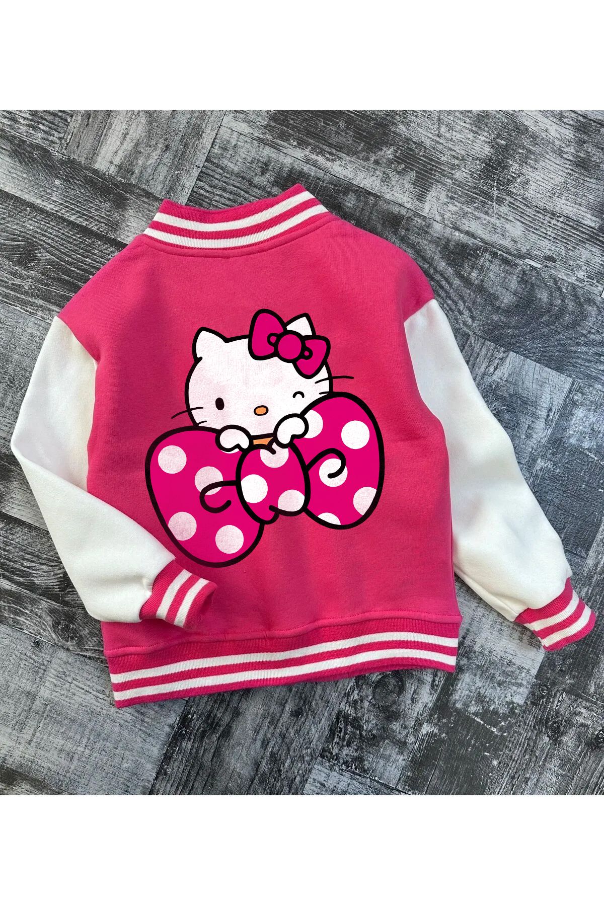 CC STORE Hello Kitty Ön ve Sırt Baskılı Çocuk Kolları Beyaz Kolej Ceketi