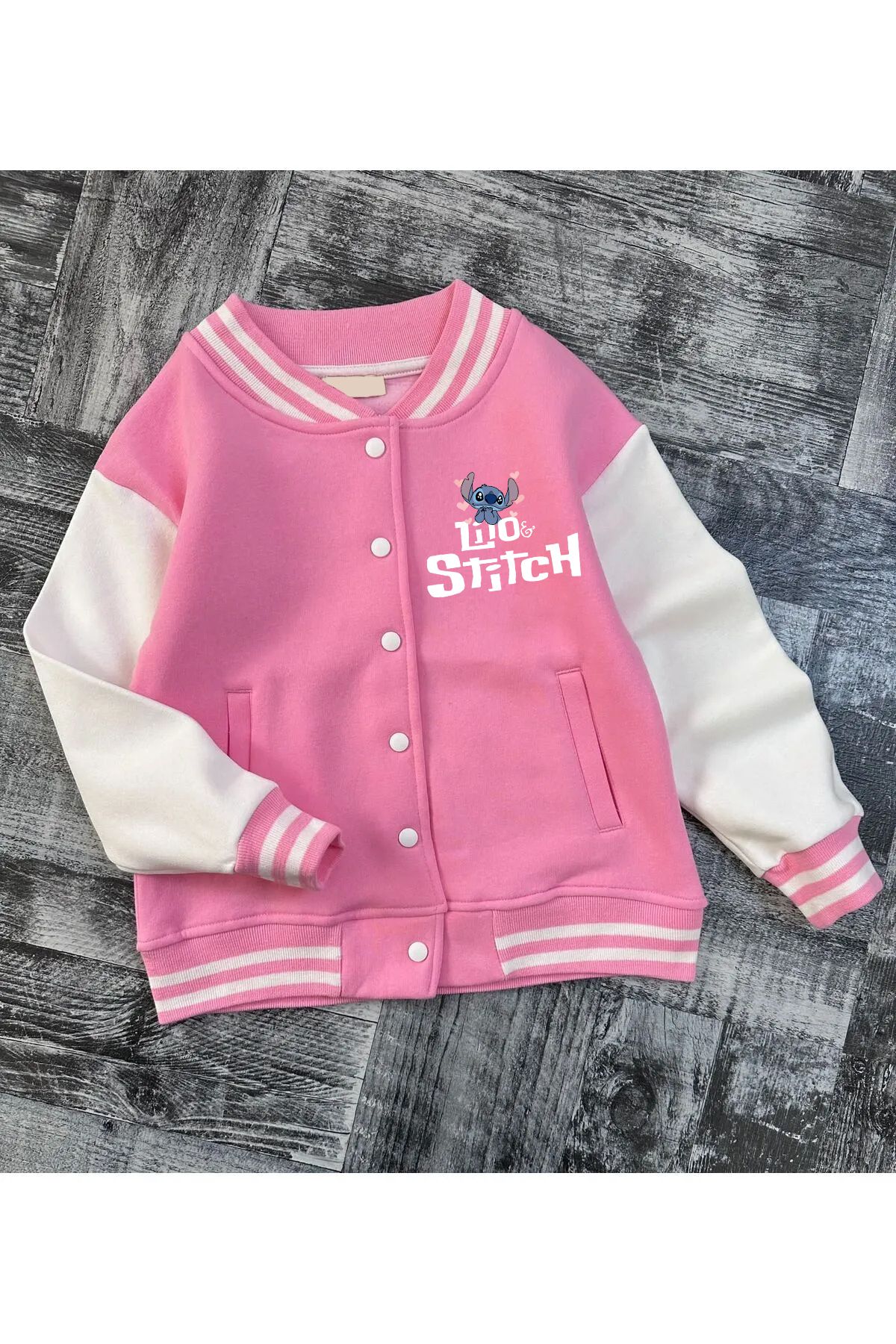 SELF CONTROL-Lilo Stitch - Children's White Sleeves, Back Printed Thick College Jacket, 3 Thread 2