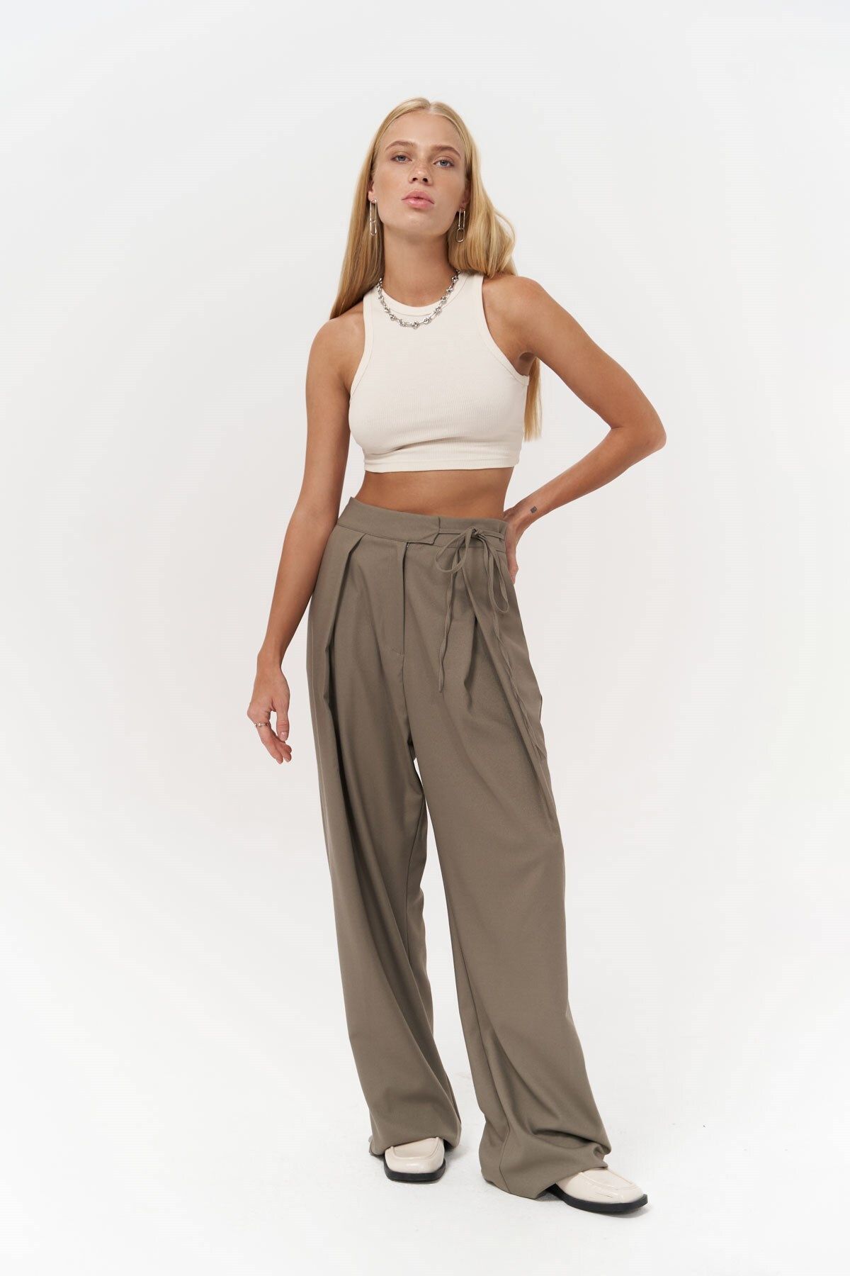 MAİ COLLECTİON-Carmen Khaki Palazzo Trousers 4