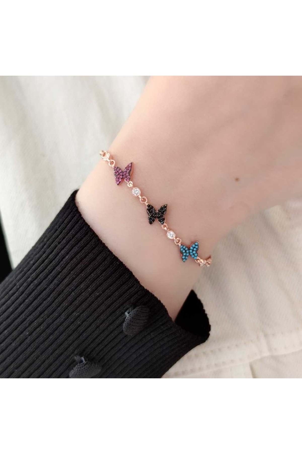 Güler Yüzlü Silver 3 Renkli Taşlı Kelebek Gümüş Bileklik - Rose Bakır