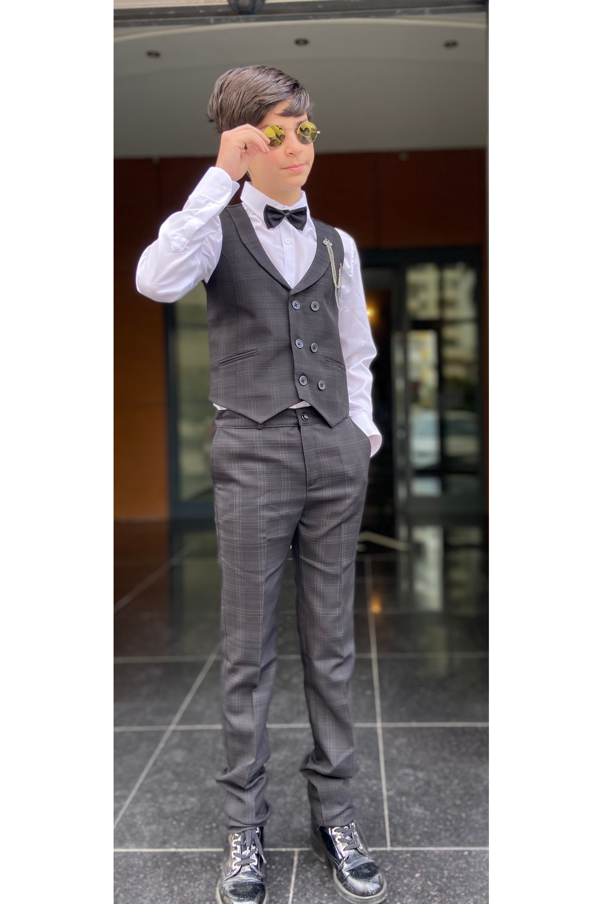 WENA KİDS Çocuk Yelekli Takım Elbise Gömlekli set EKOSE SİYAH fotoğrafı 3 (önizleme)