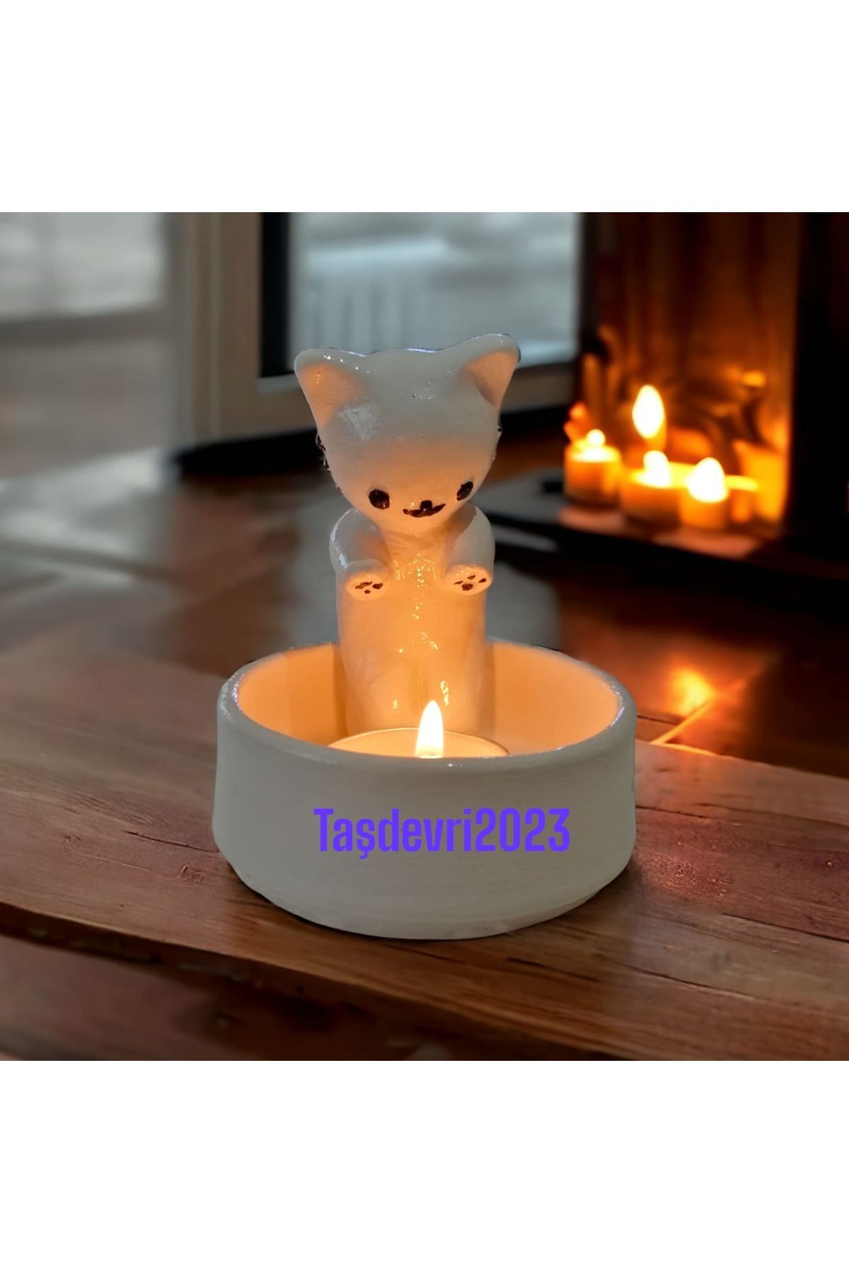 TAŞDEVRİLIFE Dekoratif Ateş Başında Isınan Kedi Tealight Mumluk