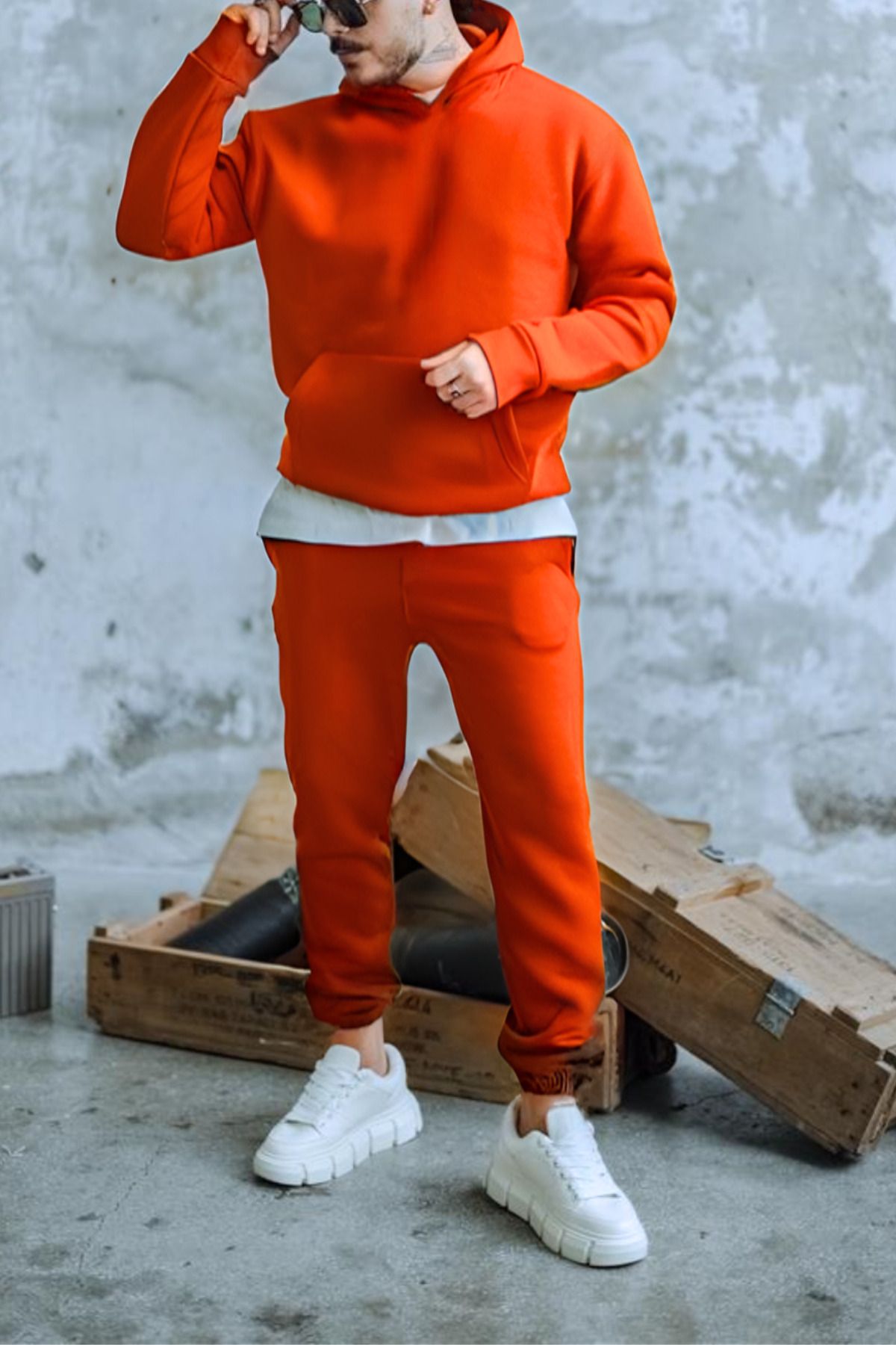 ruNadeS-Set de trening pentru bărbați, cu textura moale, cu buzunare cangur, cu picioare elastice - Casual 1