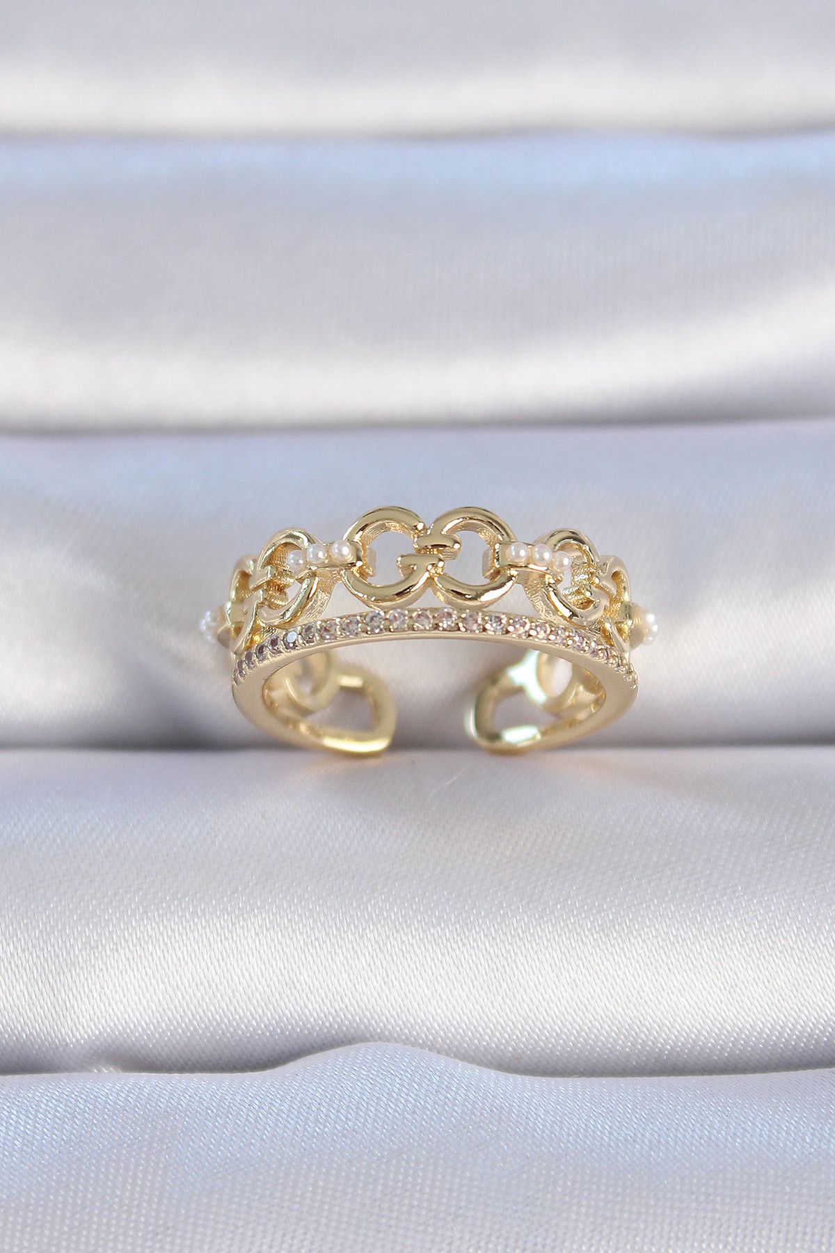 MMB Boutique Pirinç Gold Renk Zirkon Taşlı İnci Detay Kadın Yüzük