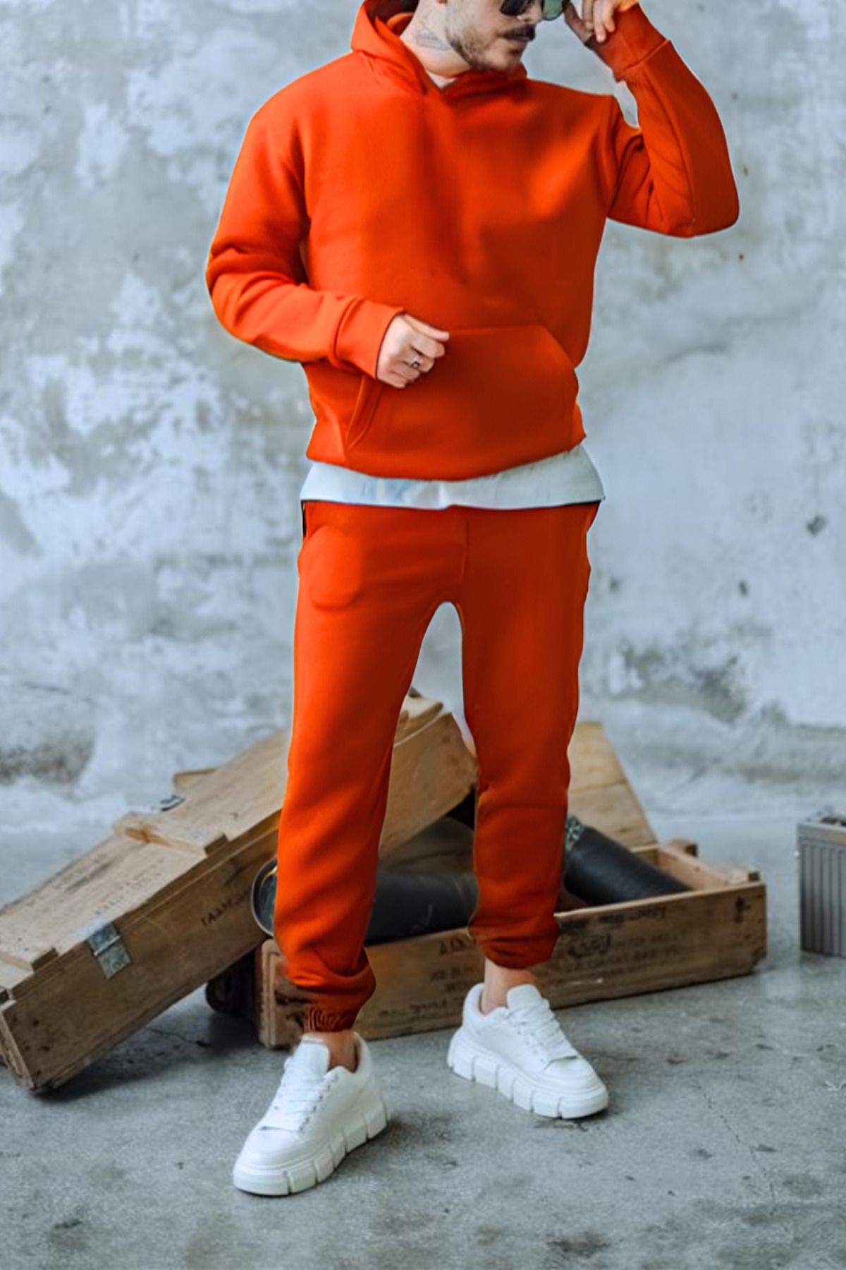 ruNadeS-Set de trening pentru bărbați, cu textura moale, cu buzunare cangur, cu picioare elastice - Casual 2