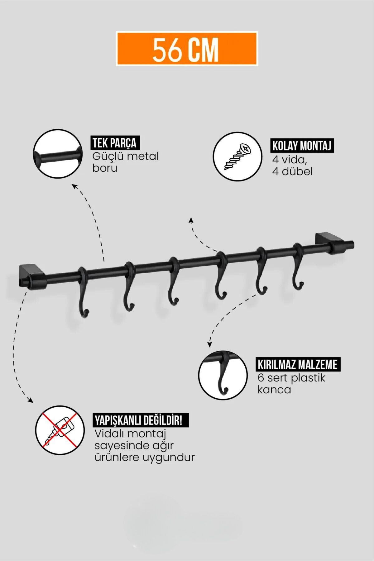 KARTEYA-Multi-Purpose Wall Rail 6 Pieces Coffee Cup Hanger with Hooks Black 56 cm 2