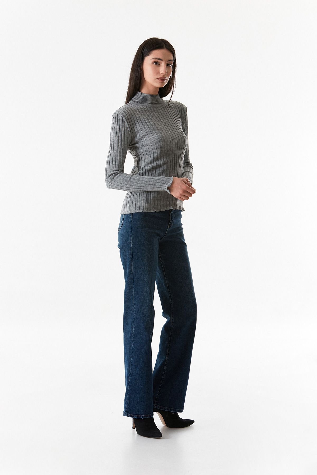 Fulla Moda-Ribbed Stand Collar Knitwear Sweater 2