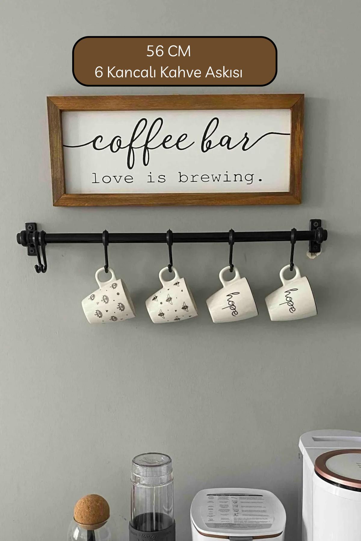 KARTEYA-Multi-Purpose Wall Rail 6 Pieces Coffee Cup Hanger with Hooks Black 56 cm 5