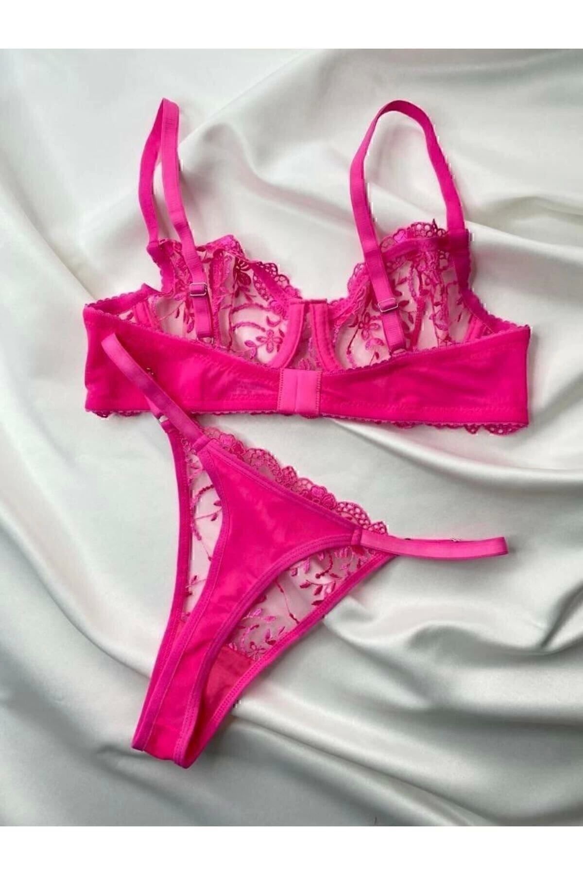 ARONA Barbıe Pınk Pembe Balenli Brode Işlemeli Sütyen Tanga Takım - Lingerie Haven