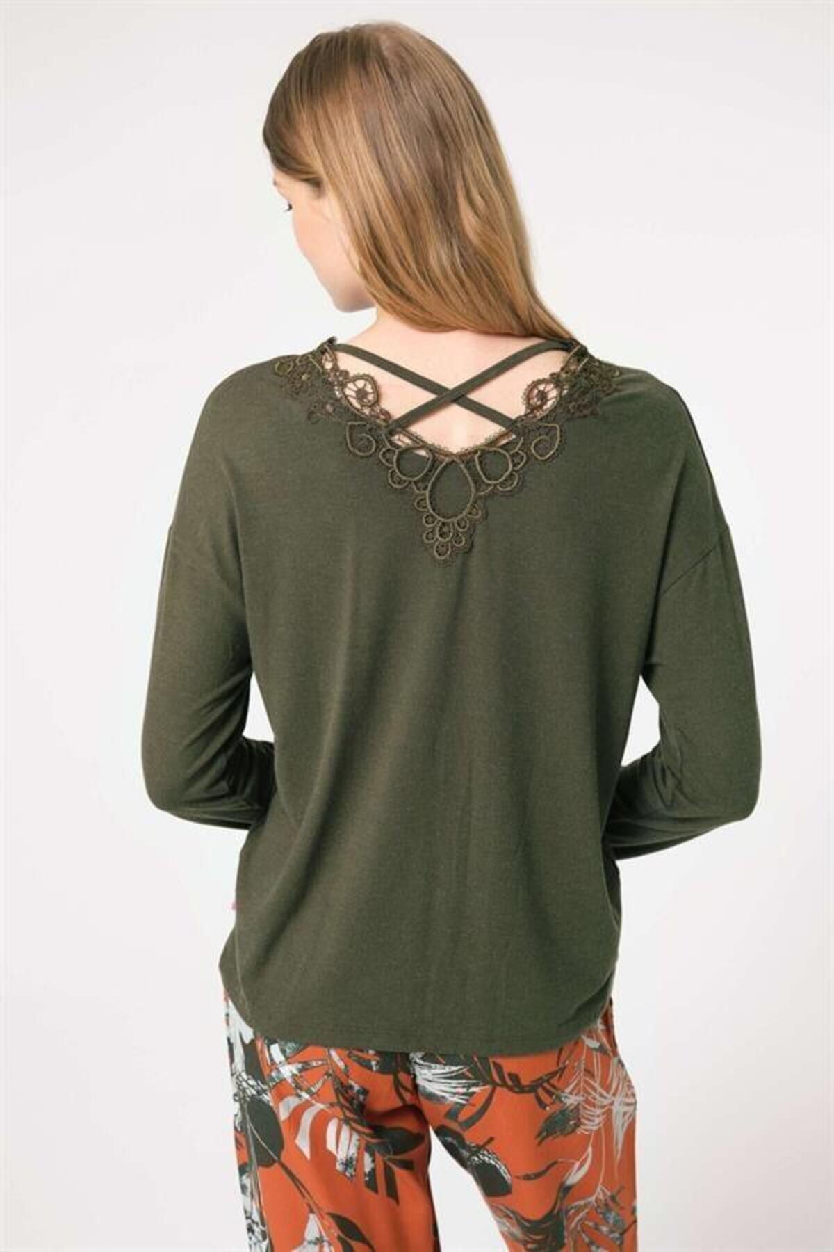 Anıl-Markano Long Sleeve V-Neck Viscose Floral Patterned Winter Knitted Regular Waist String Detailed Pajama Set 1