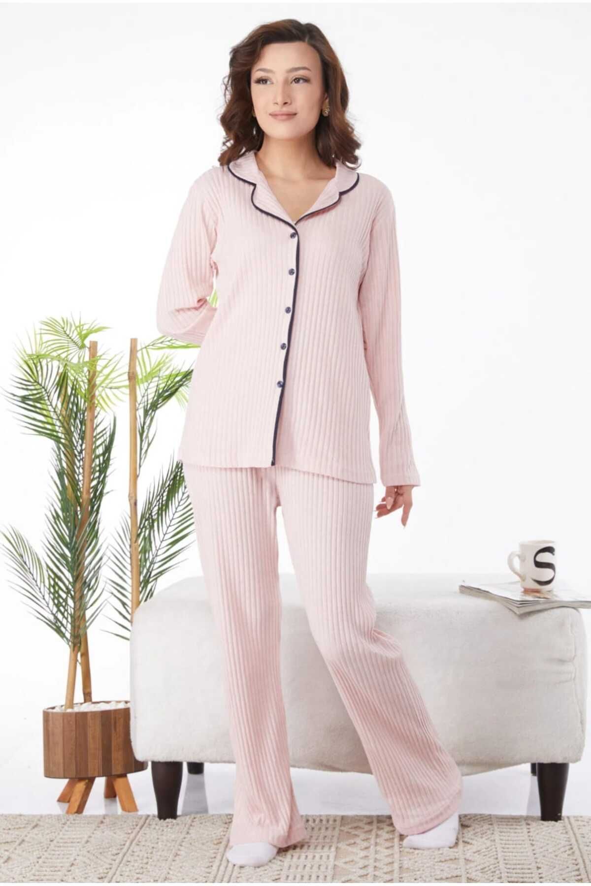 Pijamoni-Powder Colored Long Sleeve and Buttoned Women's Pajamas Set - Set of 2 3