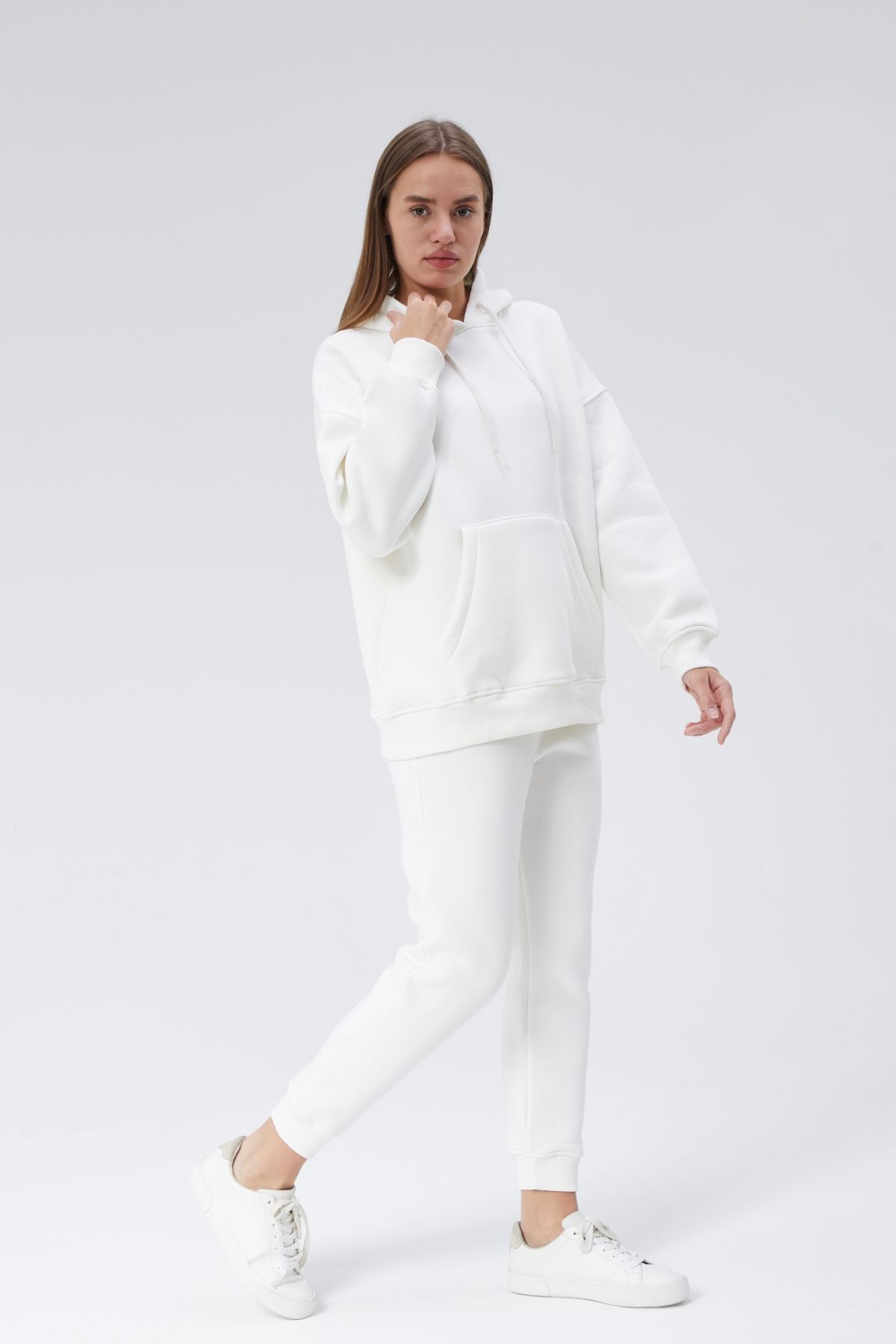 soBasic-White Three Thread Raster Hooded Tracksuit Set - Kangaroo Pocket 4