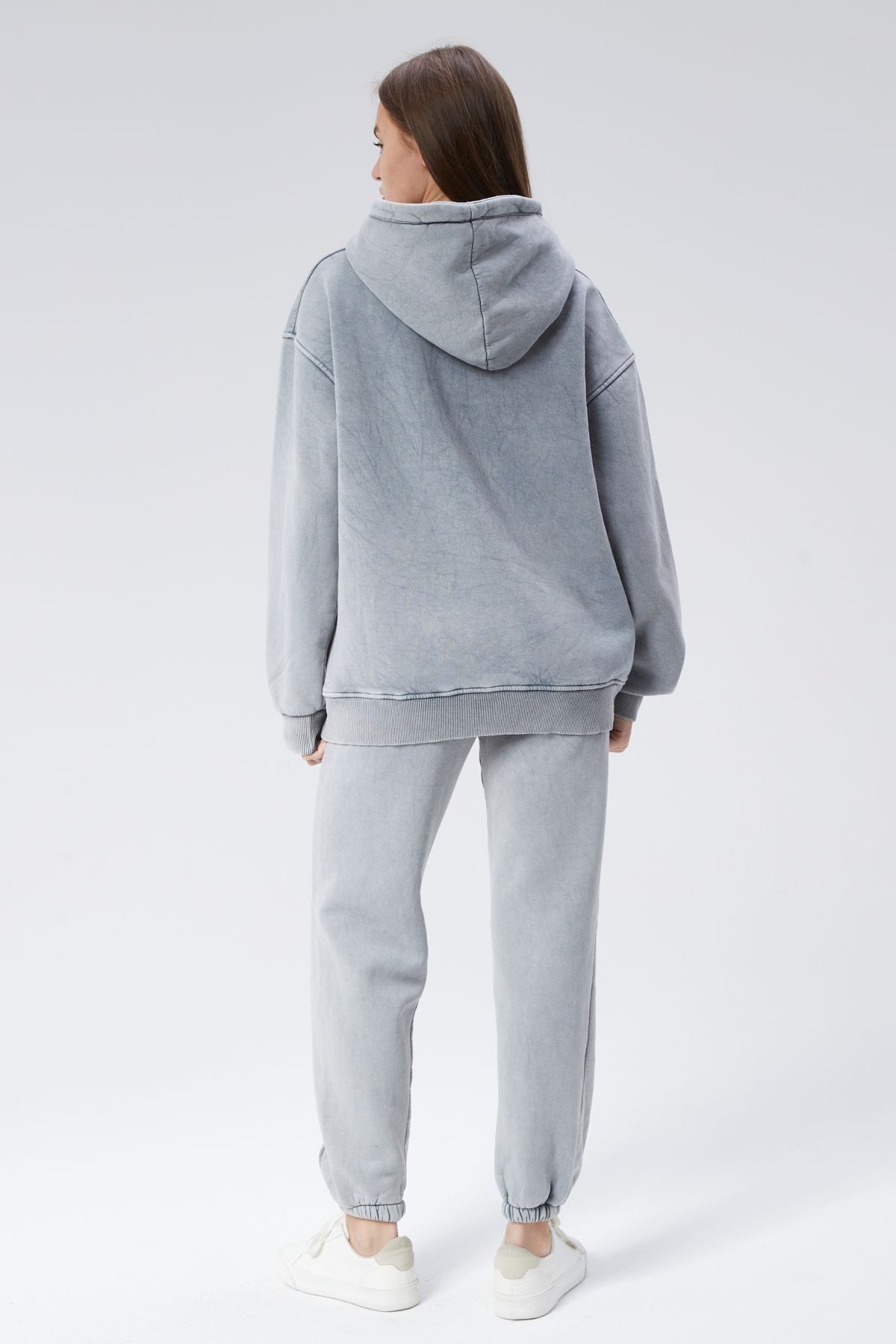 soBasic-Gray Hooded Kangaroo Tracksuit Set Made of Three Thread 8
