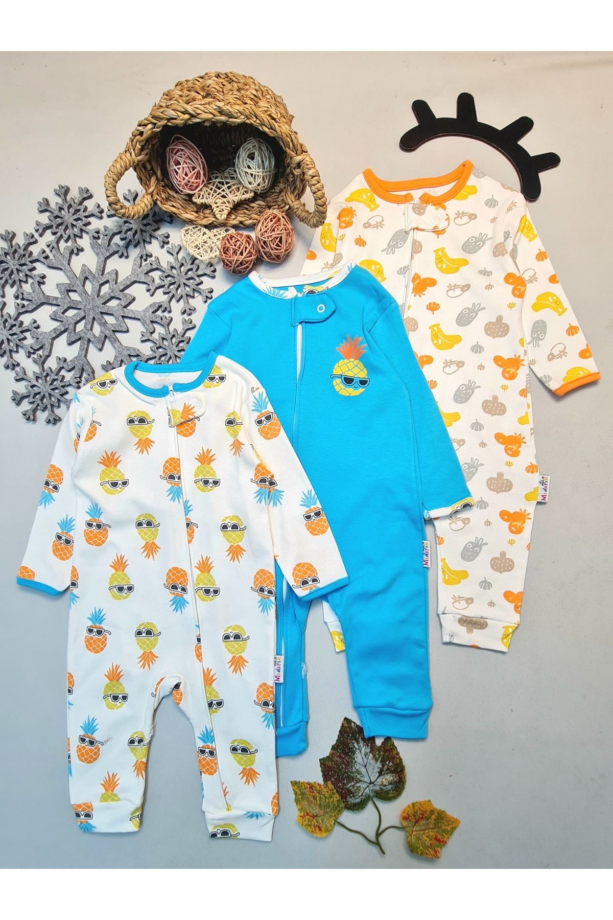 CemBebe-Baby Boy Pineapple Printed Footless Cotton 3-Piece Overalls Set 1