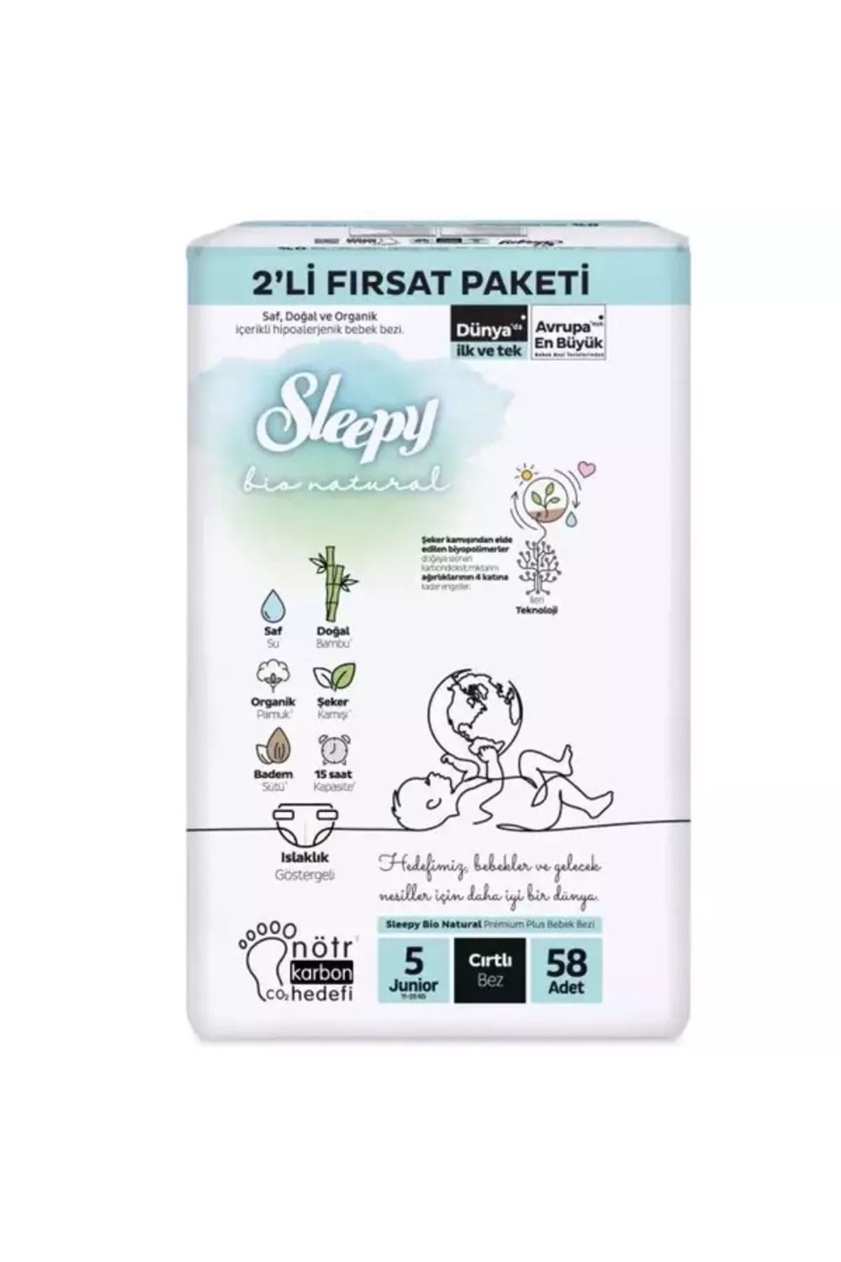 roztomily Nessiworld Sleepy Bio Natural Bebek Bezi 2'li Fırsat Paketi 5 Beden 58 Adet