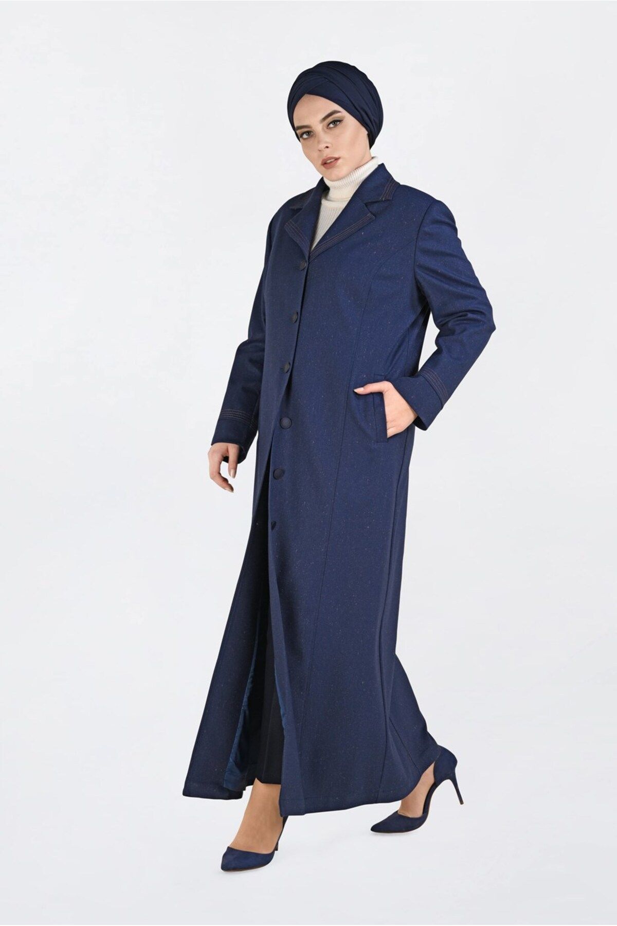 مانتوی بلند پوشیده آبی زنانه دکمه TOPCOAT 1361 آلوینا اورجینال Alvina