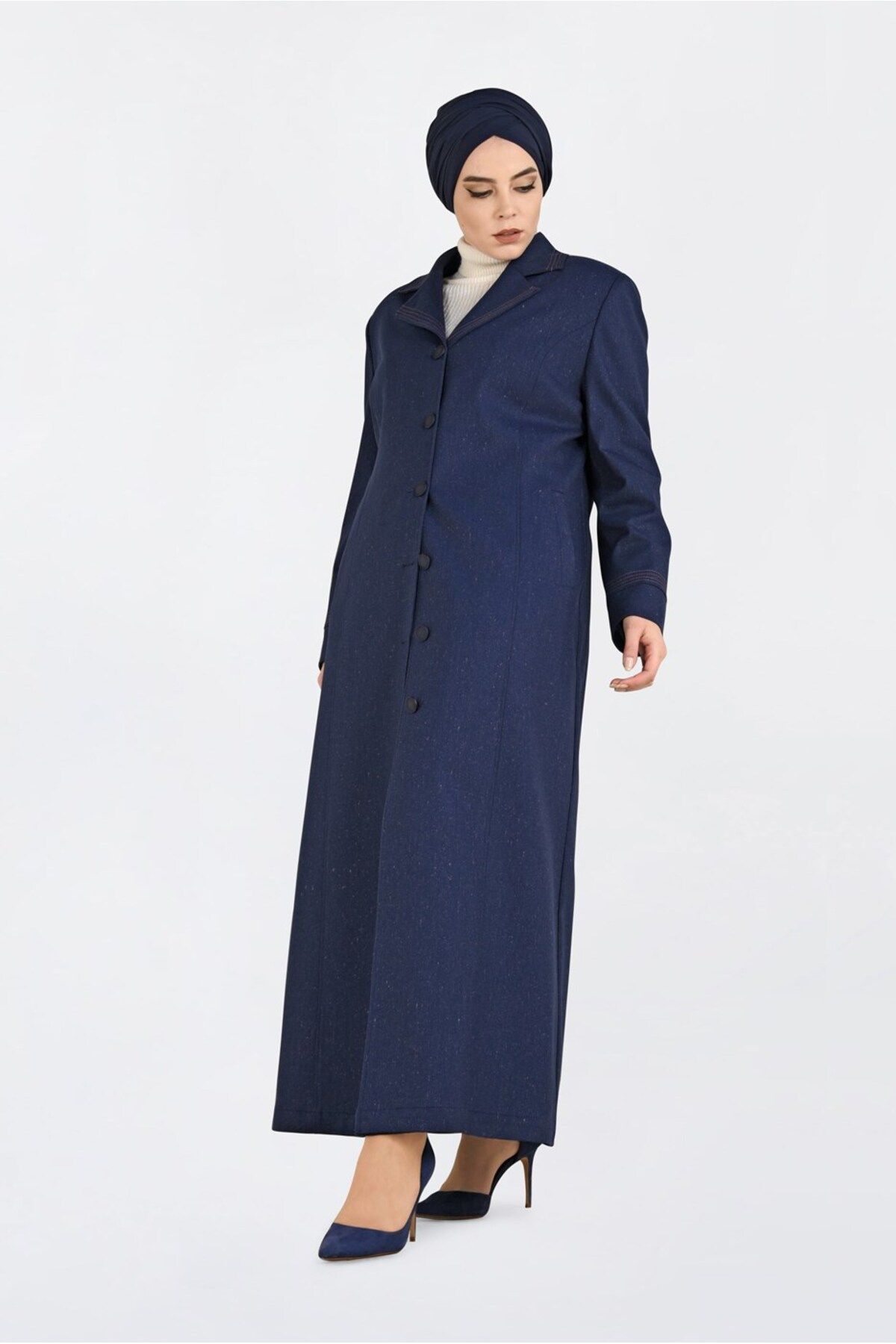 مانتوی بلند پوشیده آبی زنانه دکمه TOPCOAT 1361 آلوینا اورجینال Alvina