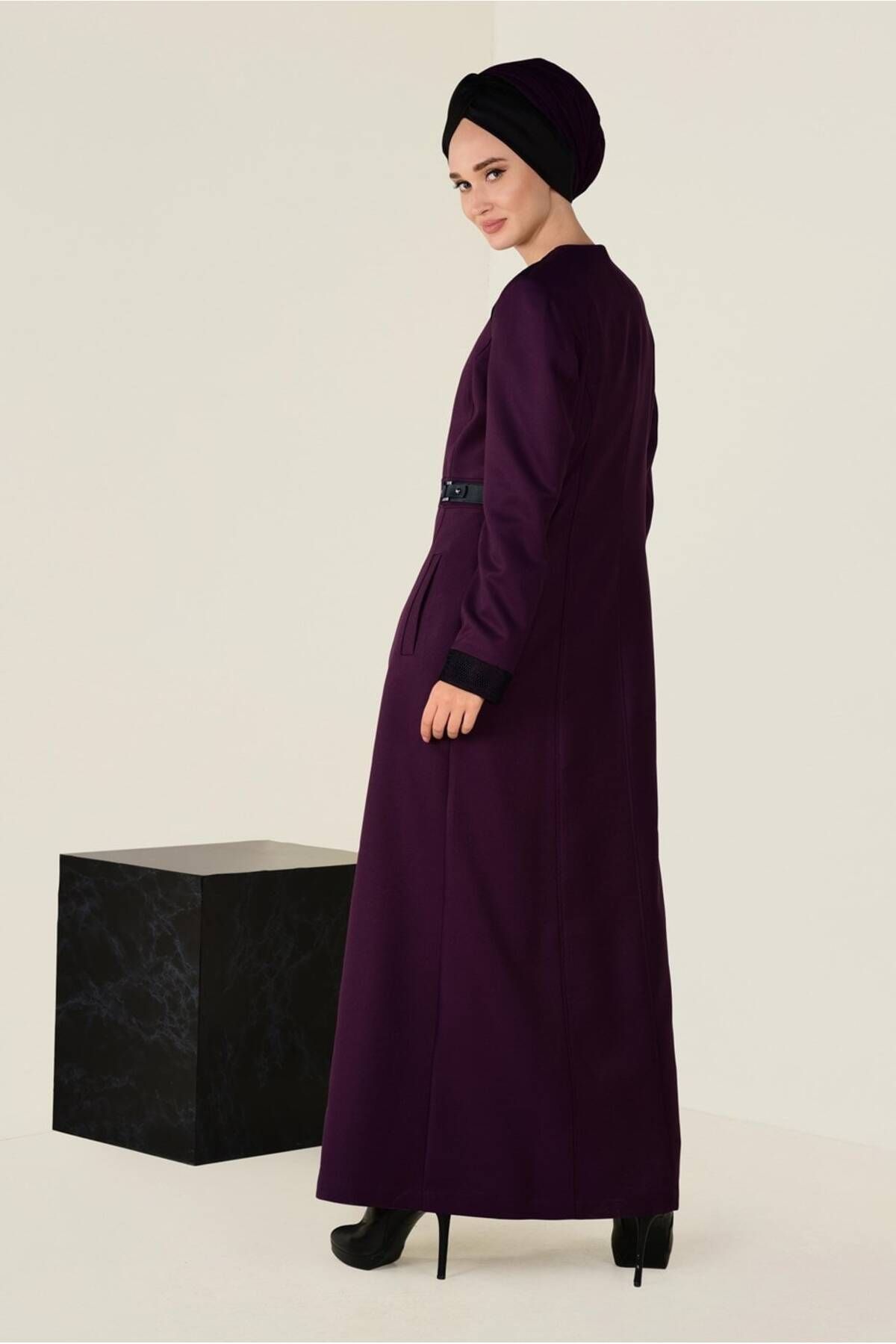 مانتوی بلند پوشیده بنفش زنانه پرونده و چرمی دقیق TOPCOAT 1321 آلوینا Alvina