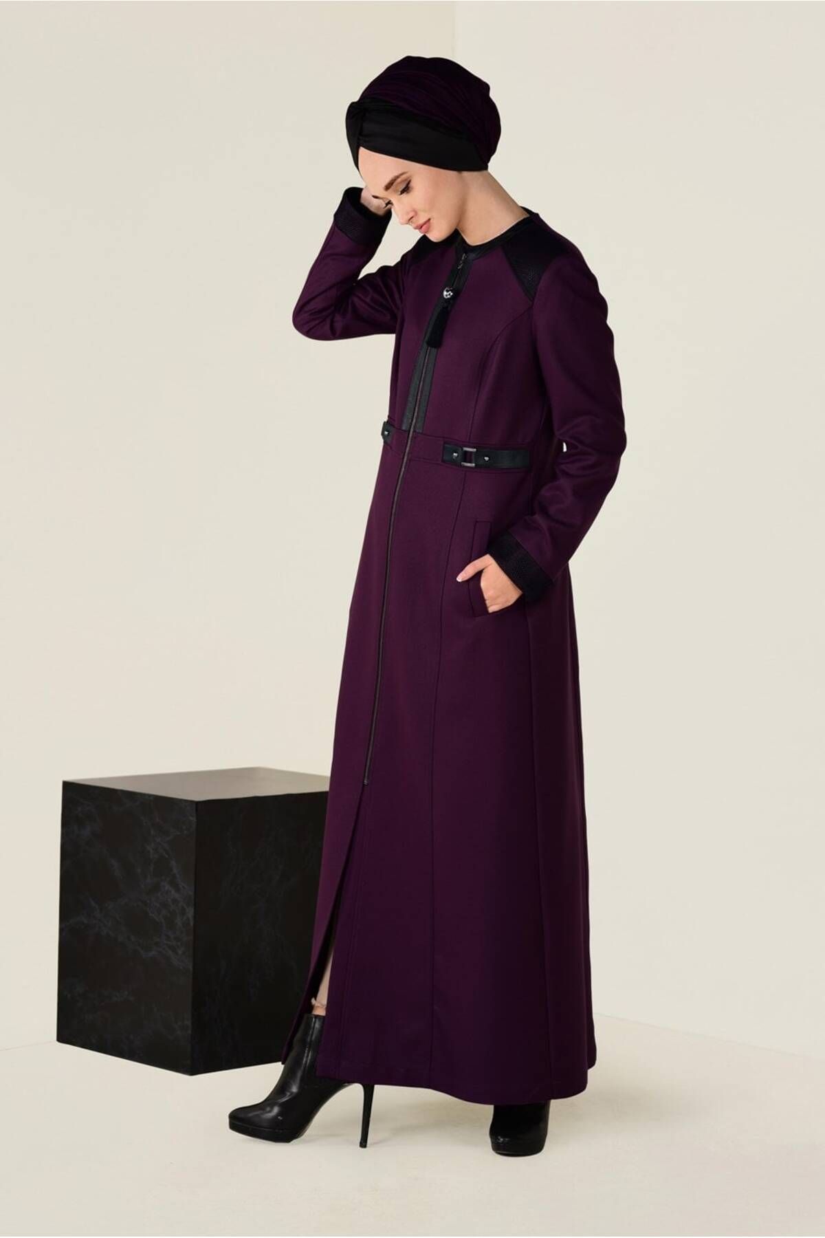مانتوی بلند پوشیده بنفش زنانه پرونده و چرمی دقیق TOPCOAT 1321 آلوینا Alvina