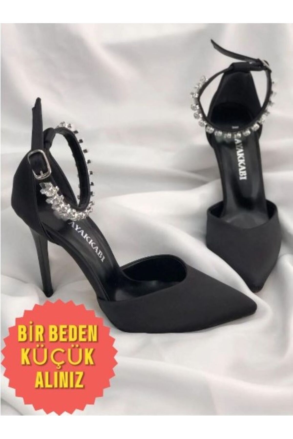 İA İLERİADIM Siyah Saten Topuklu Taşlı Stiletto Abiye Ayakkabı