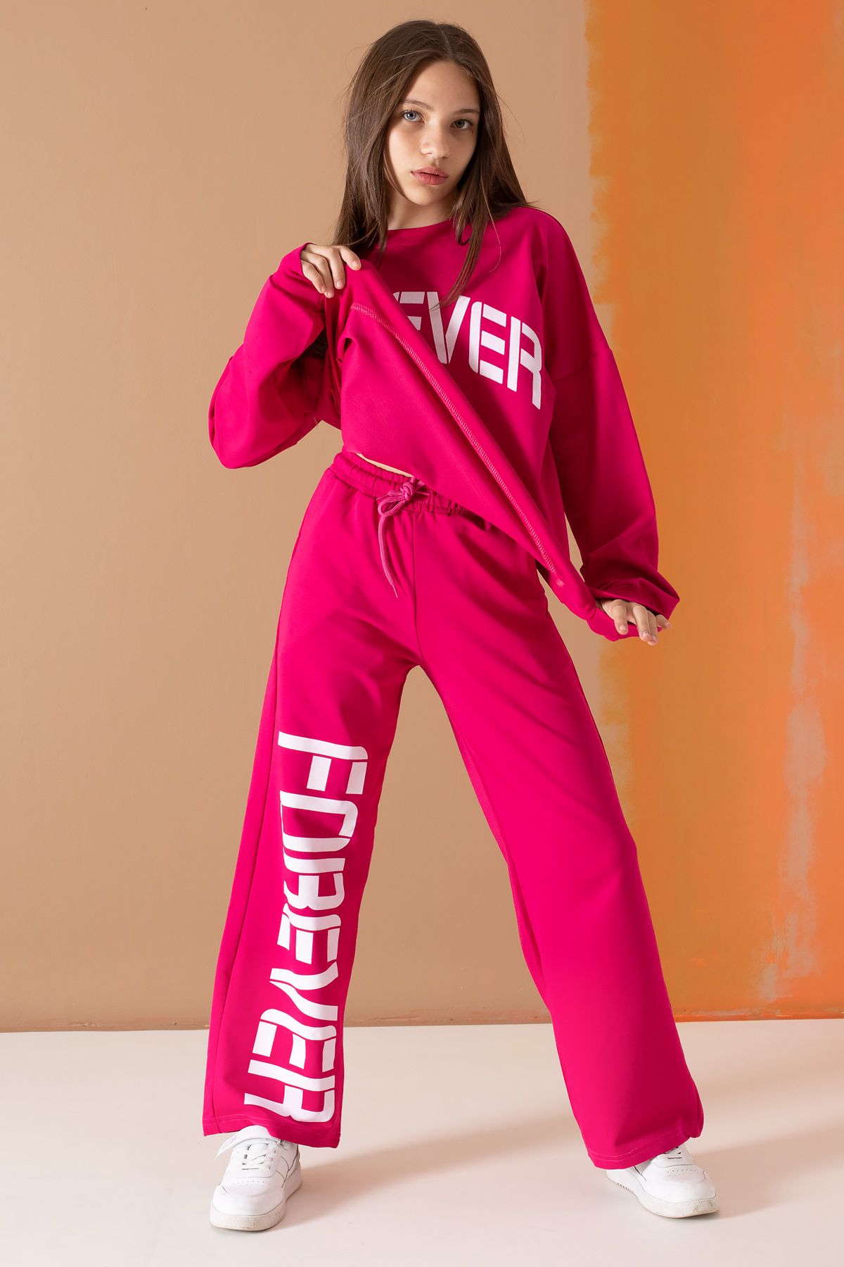 Cansın Mini-Fuchsia Forever Text Printed Girl's Tracksuit Set 19573 6