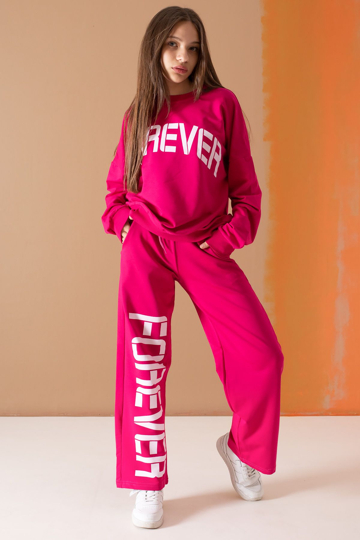 Cansın Mini-Fuchsia Forever Text Printed Girl's Tracksuit Set 19573 4