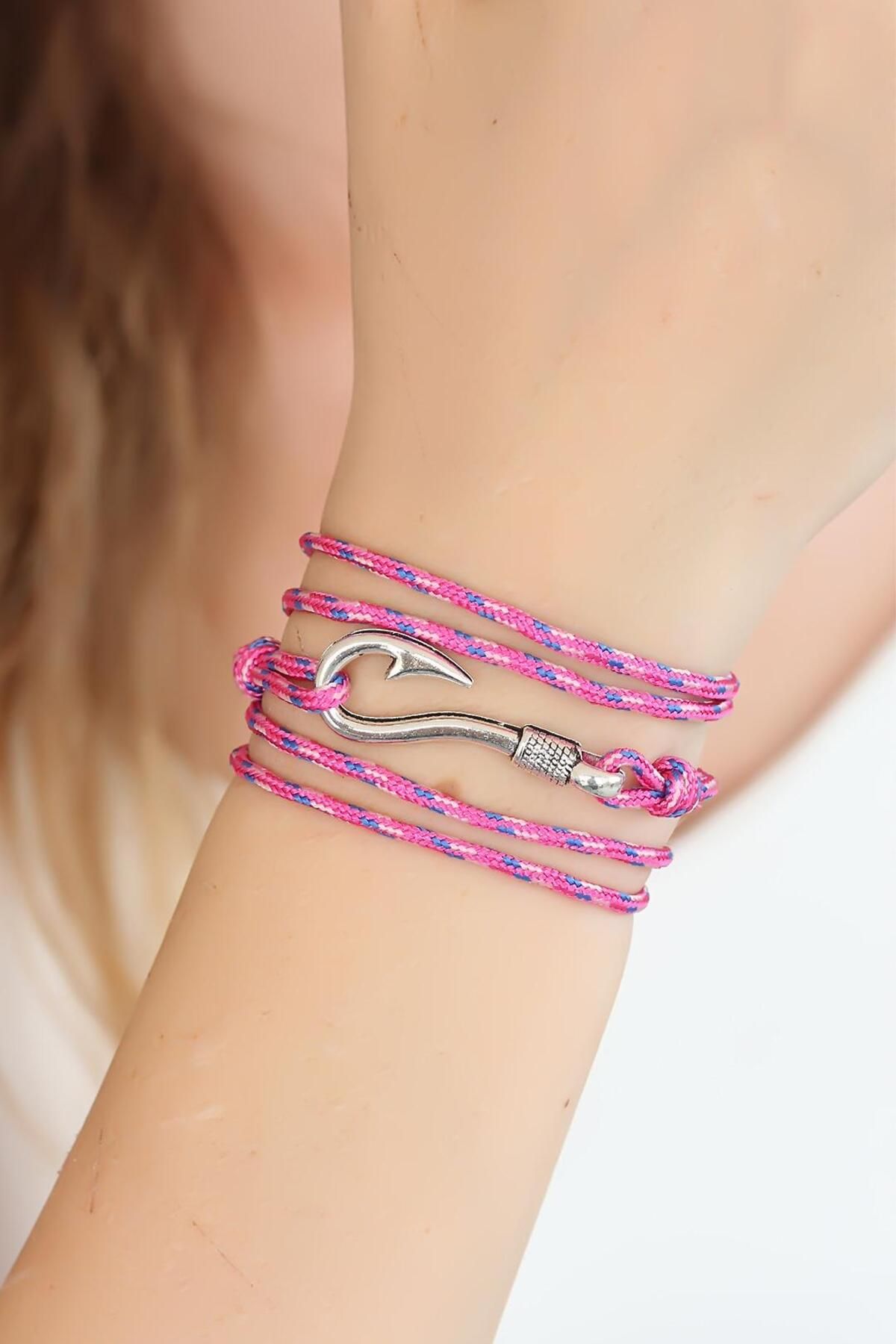 OEM Karışık Desenli Pembe Renk Gümüş Metal Kancalı Çoklu Bileklik