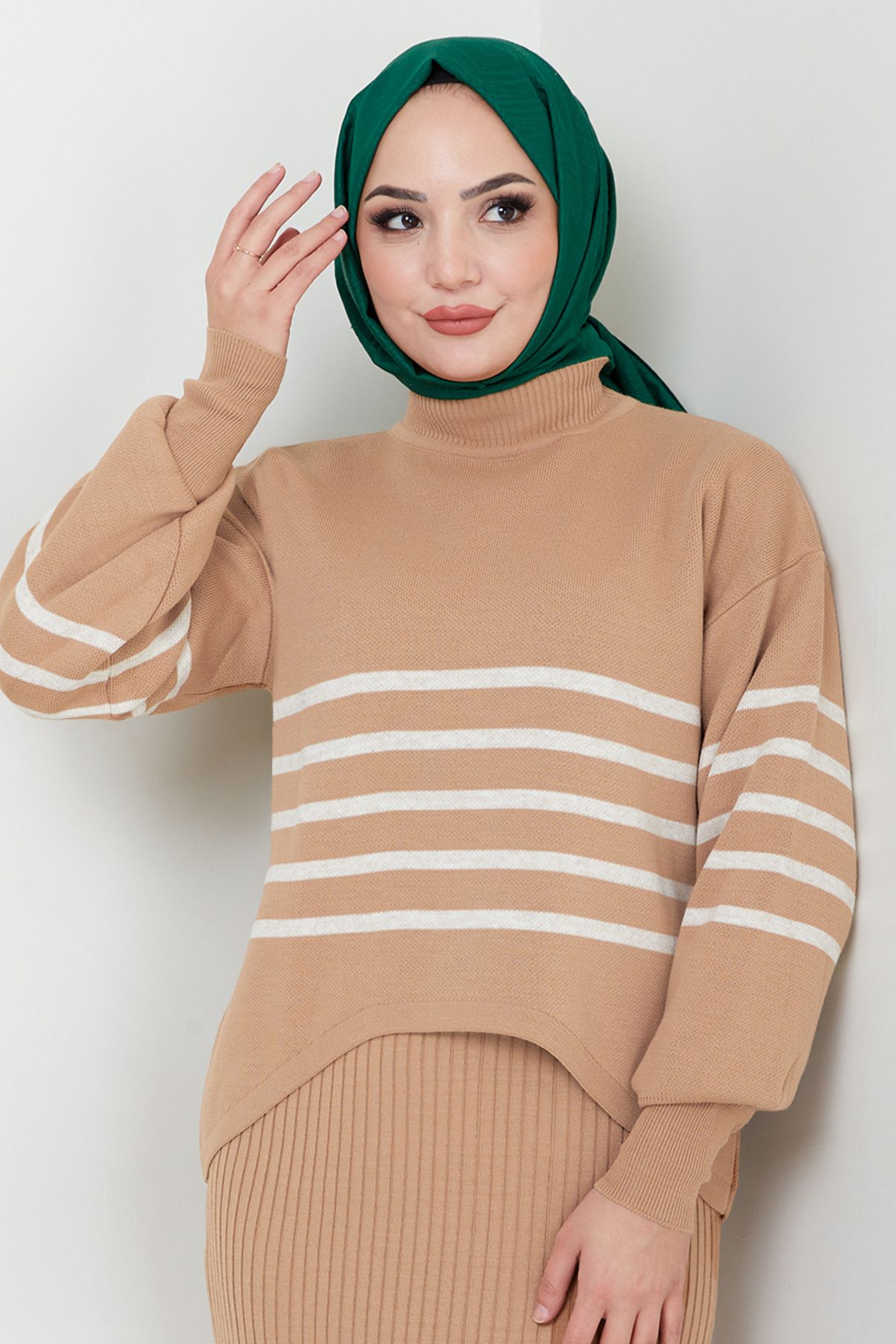 ModaMerve-Latte Striped Hijab Dress Combination - 9014Uz1029-M 3