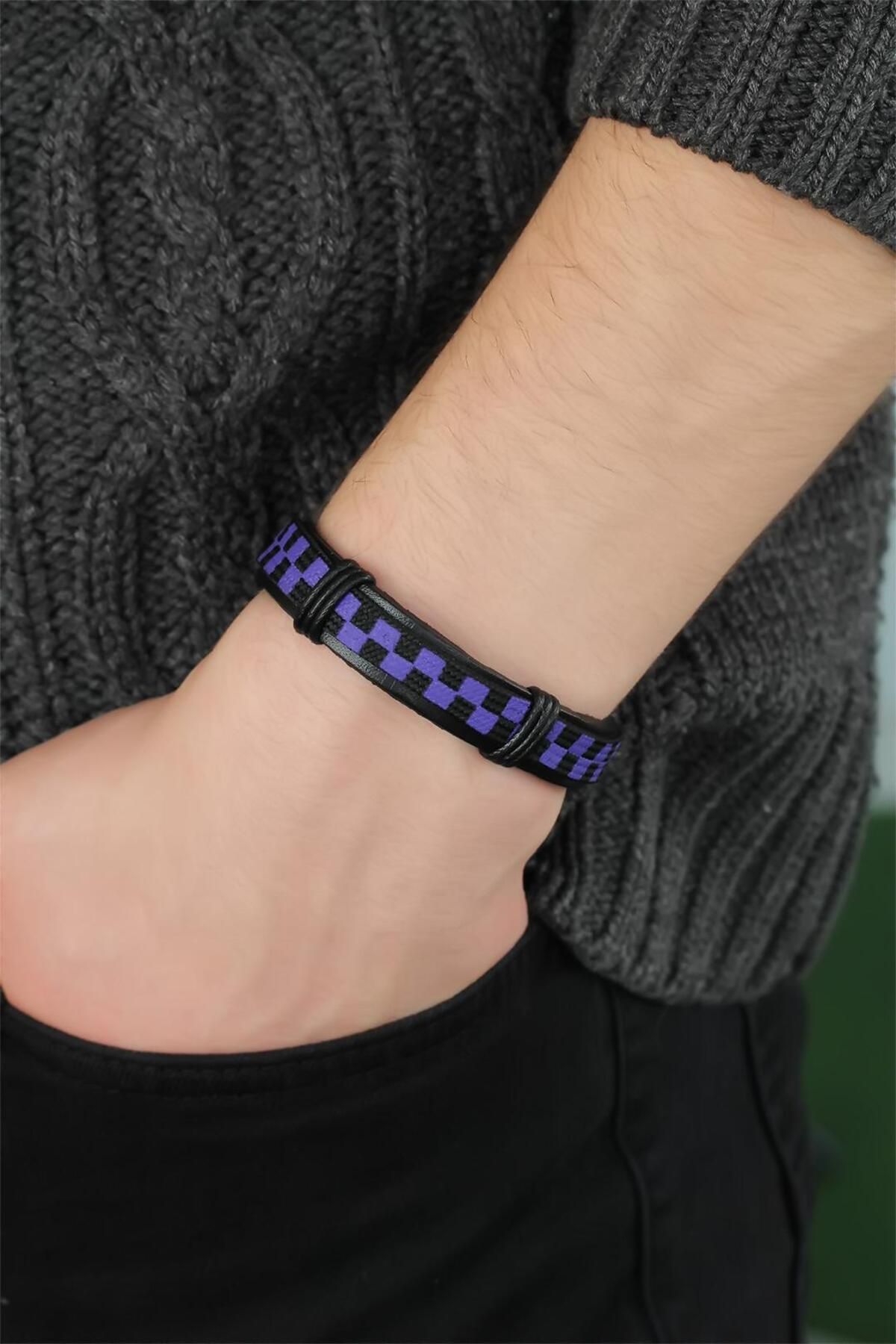 BZK ACCESSORİES Mor Renk Damalı Deri Erkek Bileklik
