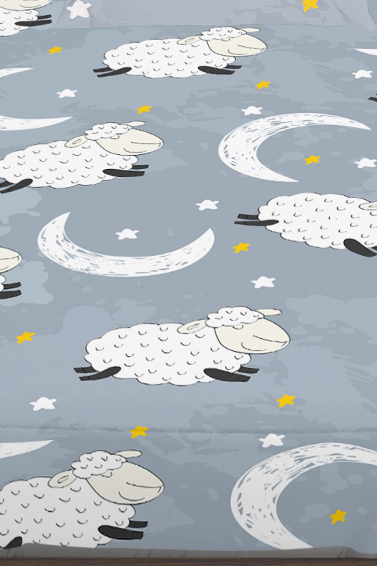 3D ELSE HALI-Gray White Lamb Patterned Boy's Single Pillowed Elastic Sheet Set 100X200Cm 3