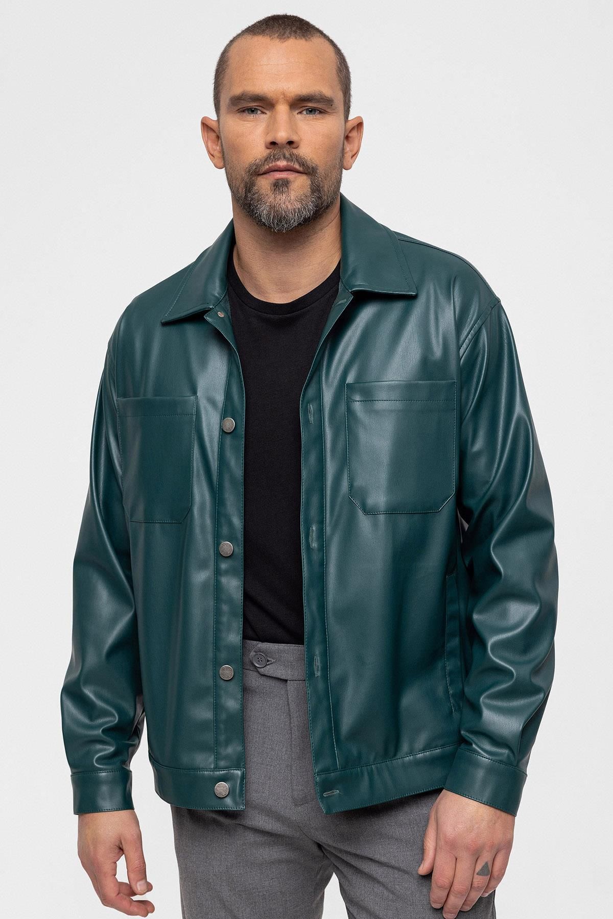 Antioch-Green Faux Leather Men's Thin Coat 4