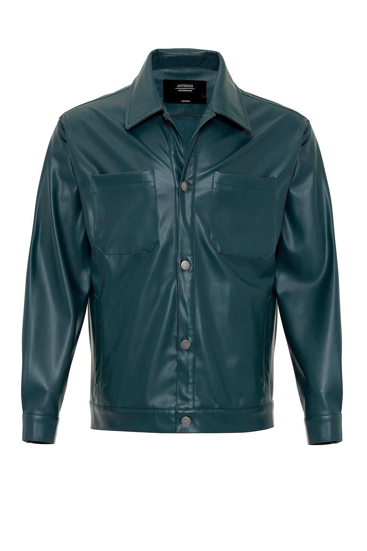 Antioch-Green Faux Leather Men's Thin Coat 1