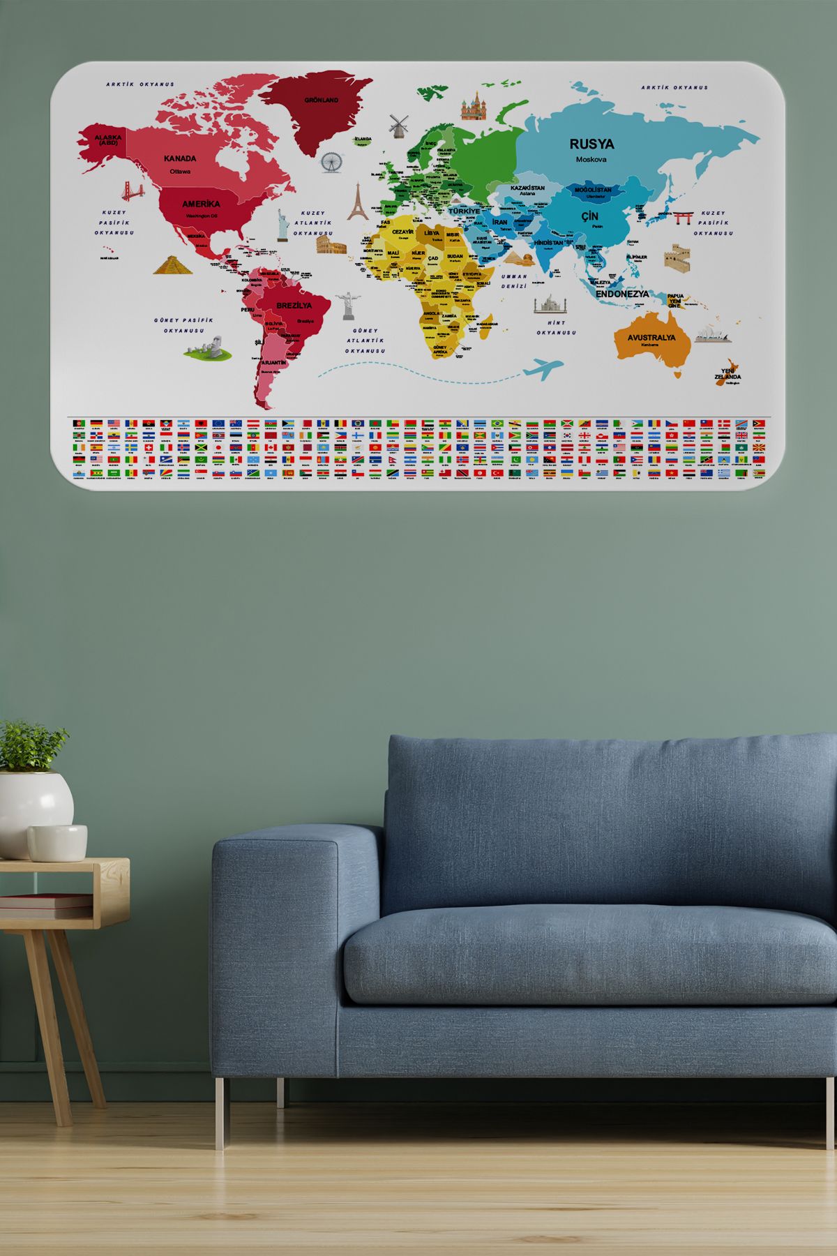 HARGE HG Türkçe Ülke Bayrak lı Eğitici Başkent Detaylı Atlası Dünya Haritası Duvar Sticker -60x105-3861